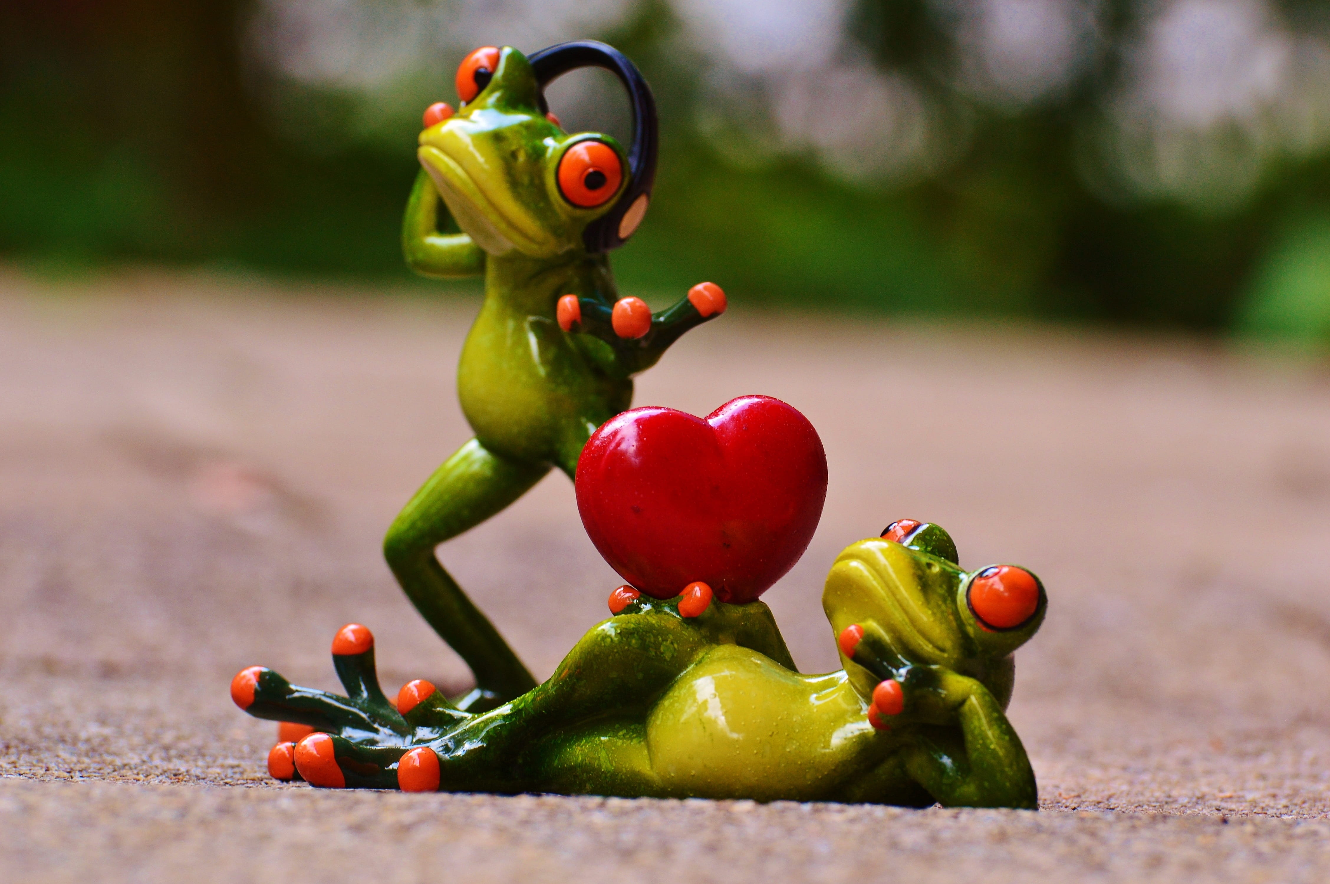 food, group of objects, frogs, headphones, heart, 4K, animal representation, red, valentines dance, toy, holding, two, animal, music, pepper, camera, daytime, HD Wallpaper