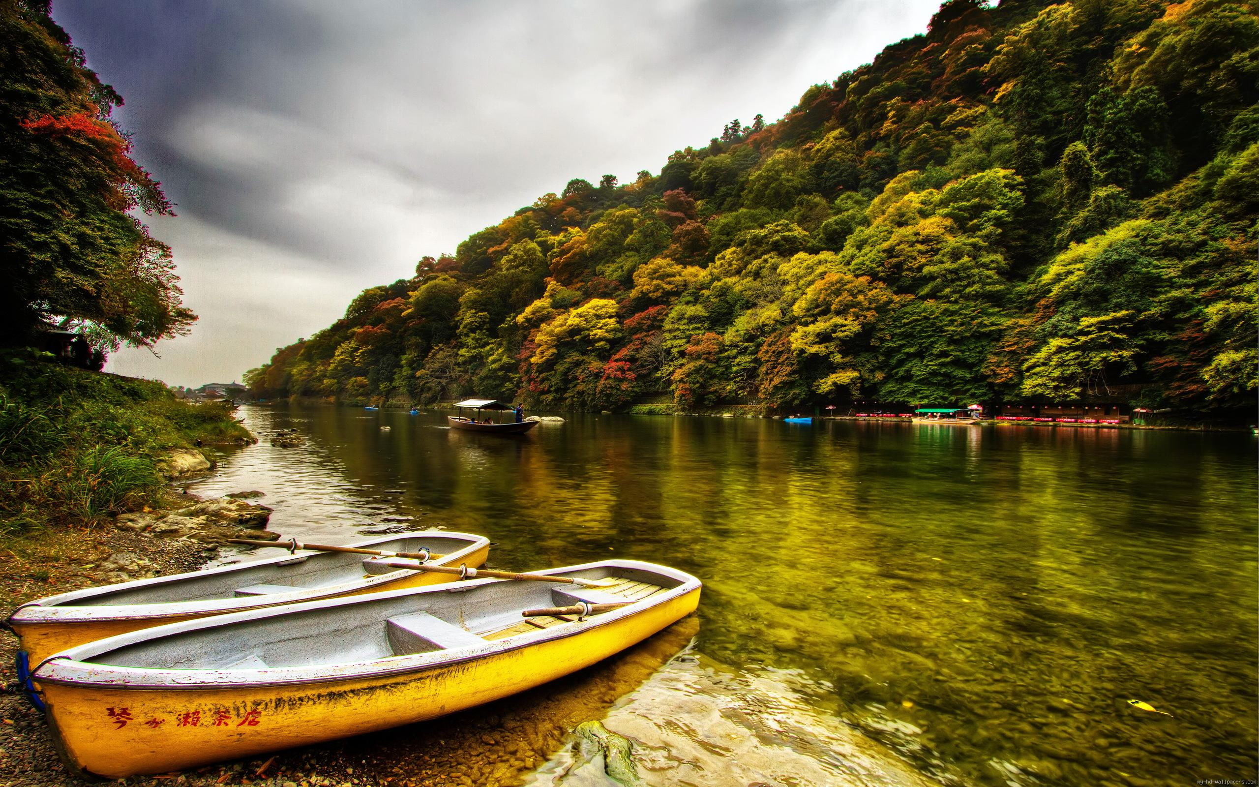 river, boats, arashiyama, 2K, forest, white, boat, yellow, water, sail, banks, landscape, HD Wallpaper