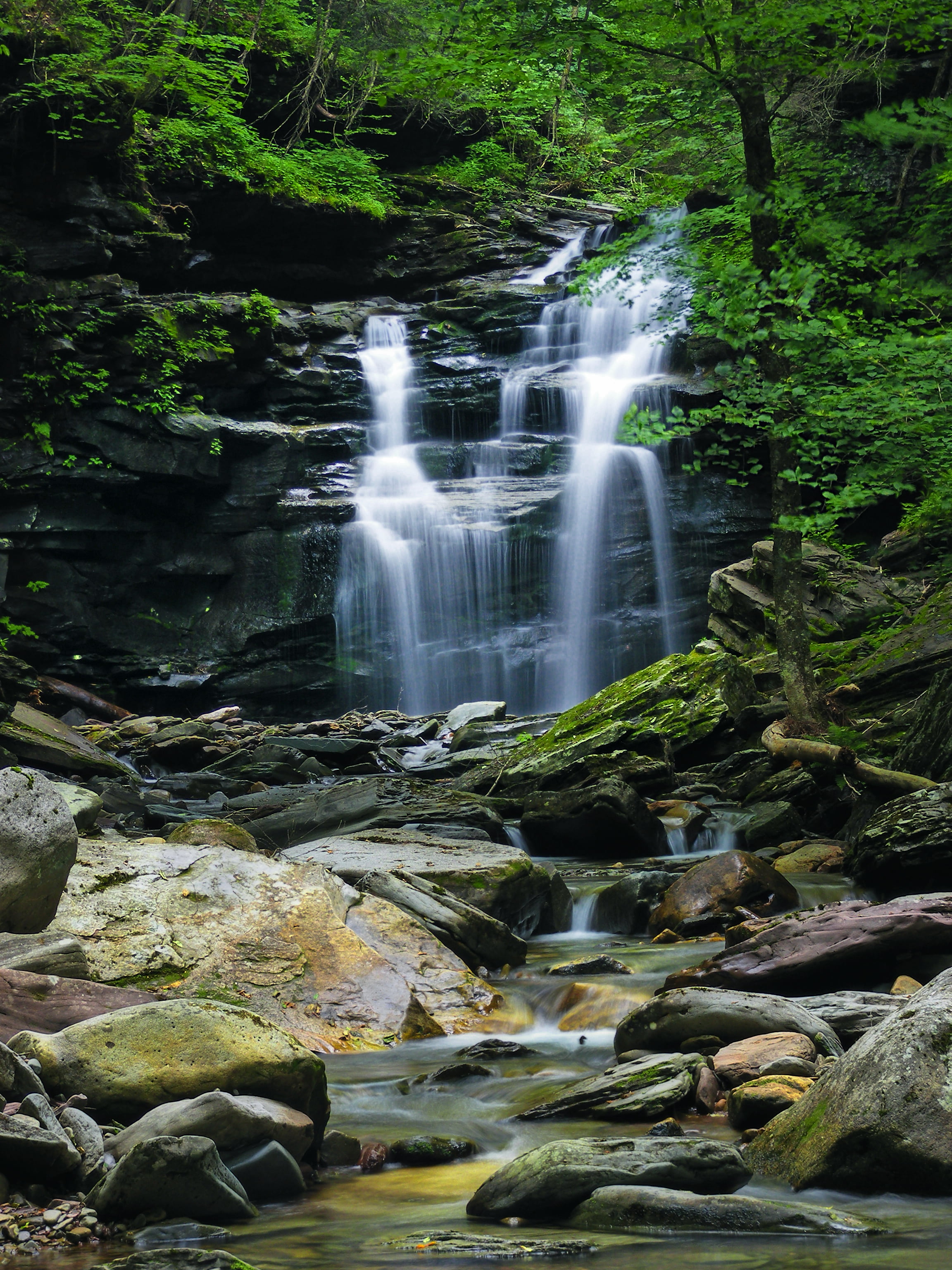 outdoors, low light, 2K, creative commons, waterfall, Heberly Run, landscape, scenics, State Game Lands, nature, beauty In Nature, Sullivan County, forest, Phone HD Wallpaper