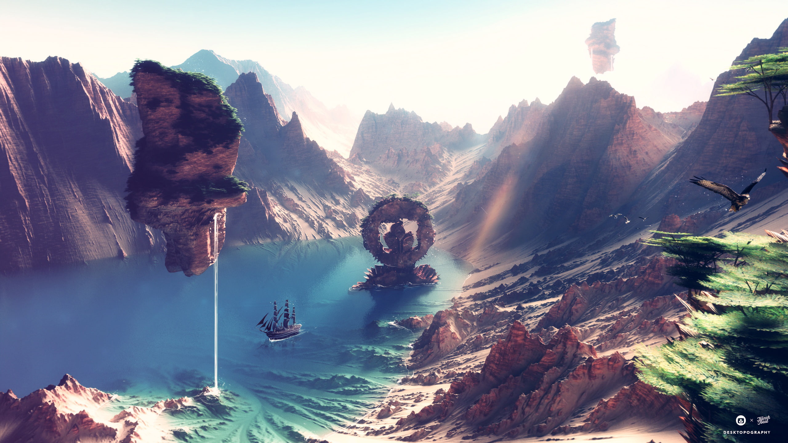 2K, desktopography, ship, art, landscape, mountains, render, endless summer, HD Wallpaper