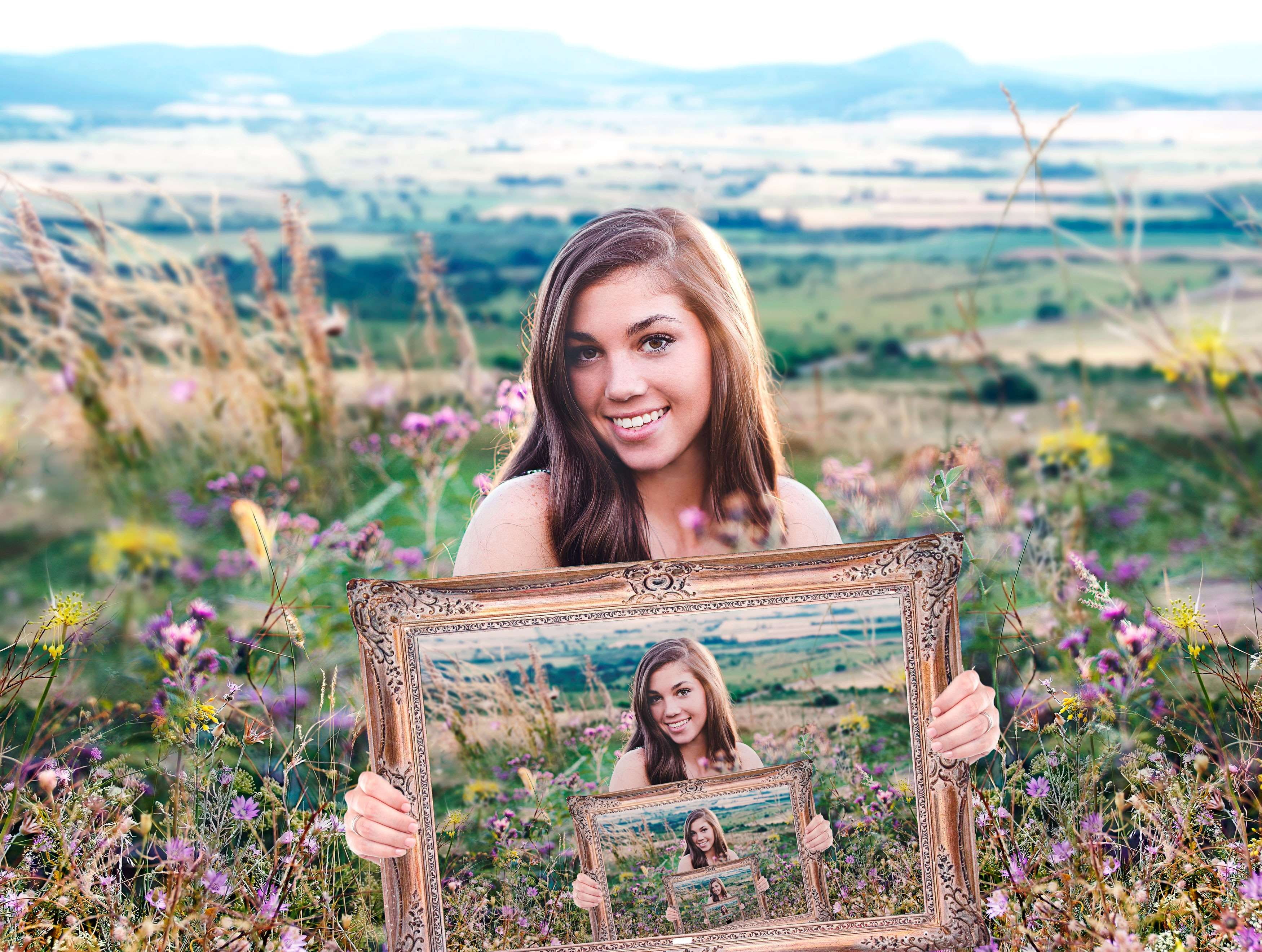 hairstyle, 2K, outdoors, girl, beautiful woman, people smiling, front view, young women, nature, flower, picture, landscape, holding a frame, smiling, HD Wallpaper