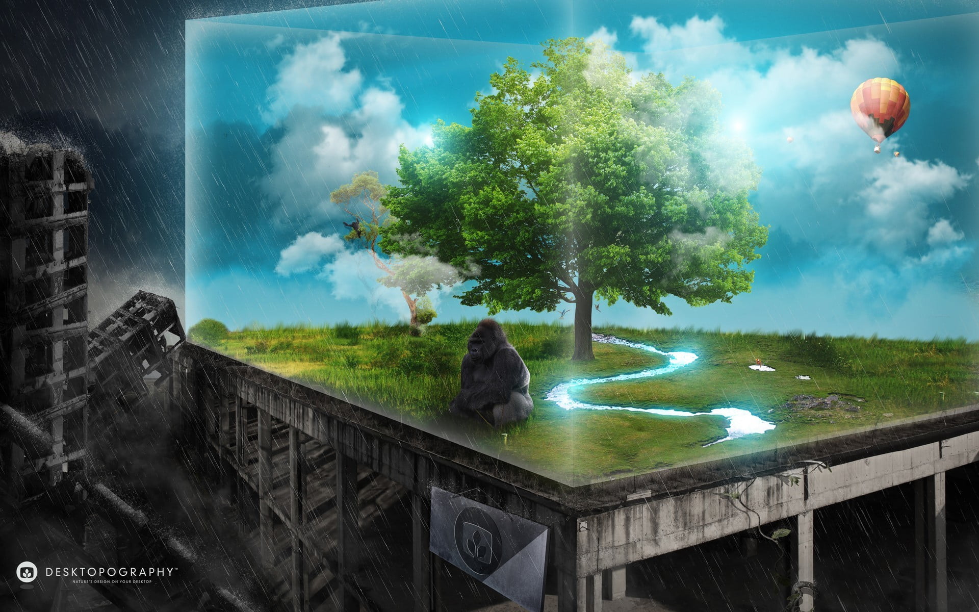 cloud - sky, plant, Desktopography, sky, black, digital art, water, green color, hot air balloons, art and craft, nature, built structure, trees, architecture, HD Wallpaper