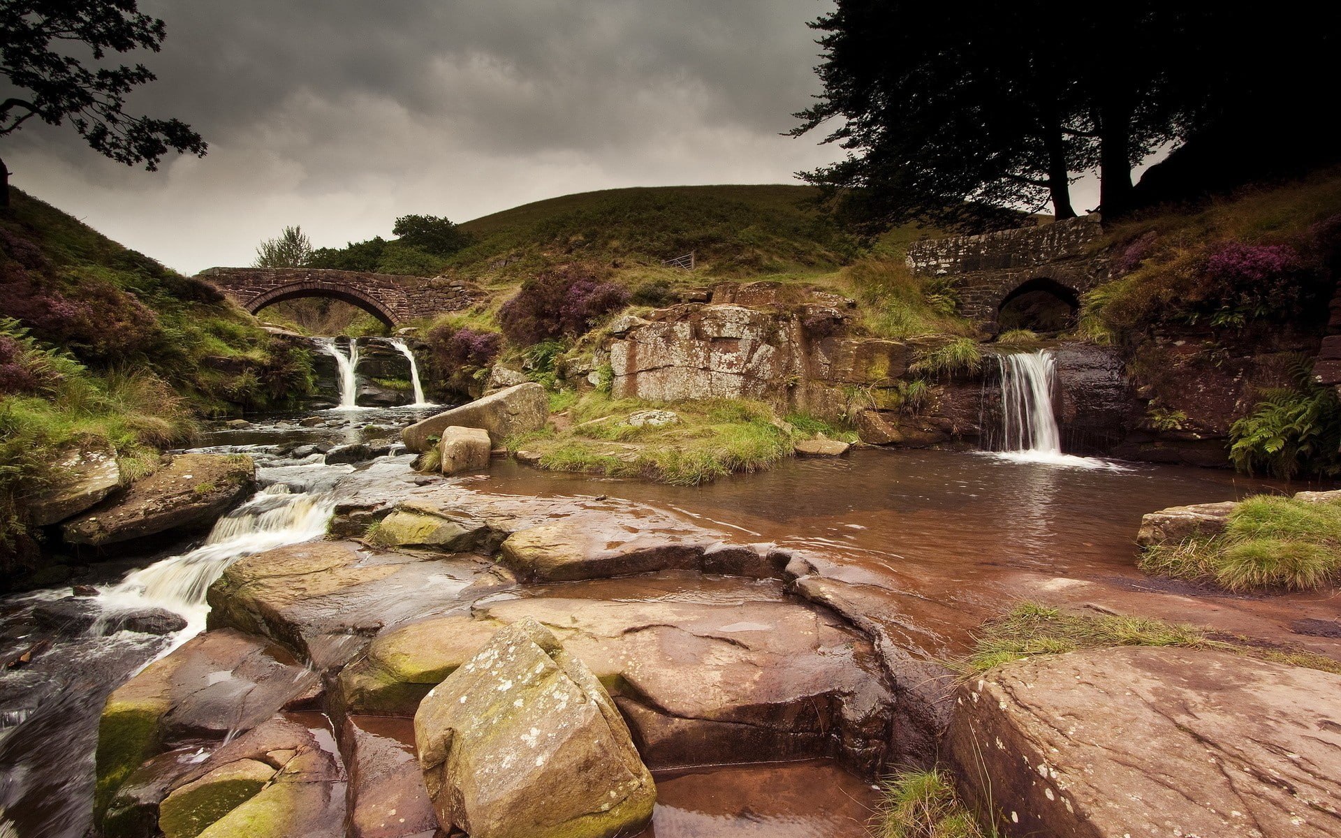 waterfall, bridge, 1080P, nature, rocks, moss, landscape, creeks, HD Wallpaper