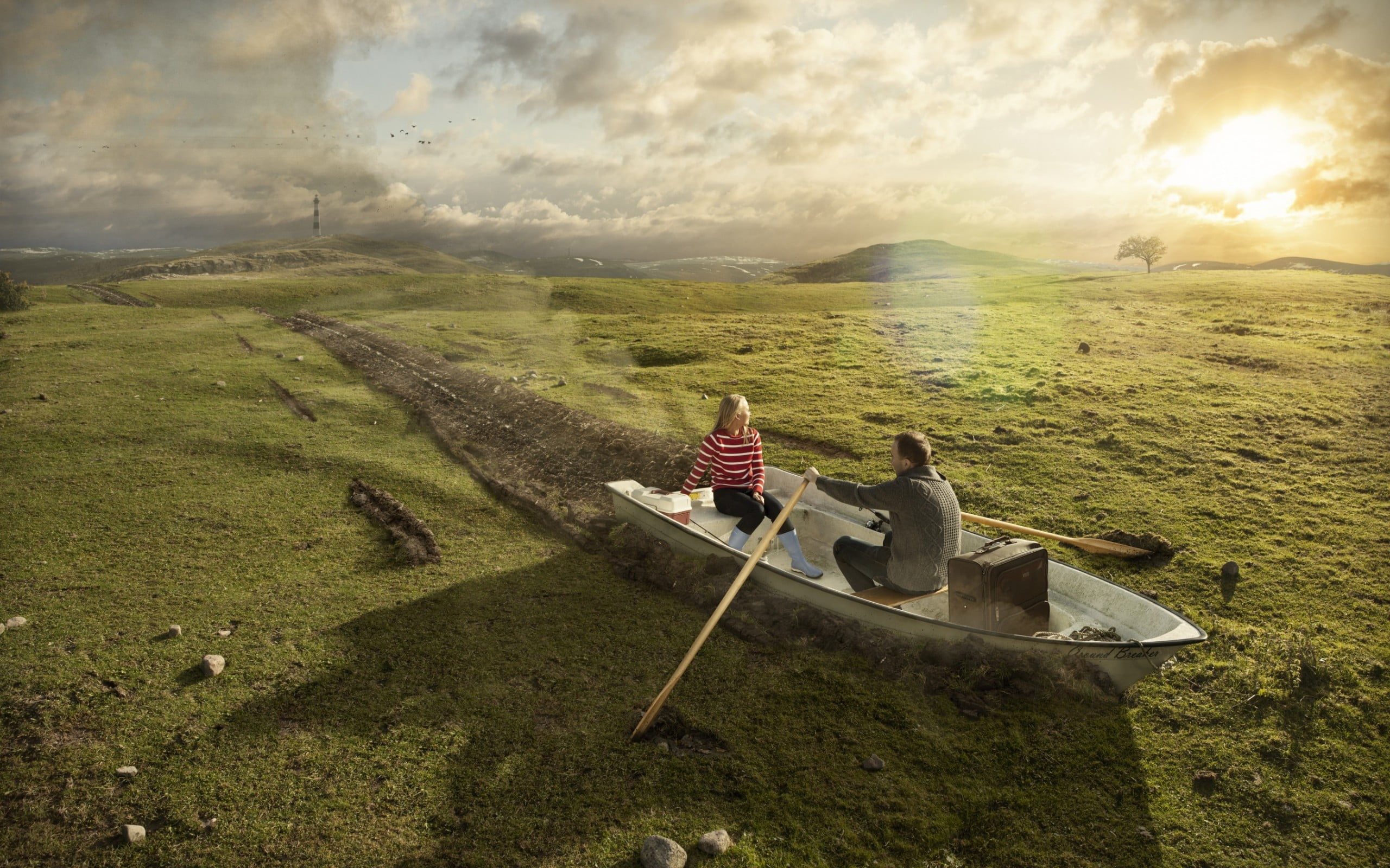 two people, sunlight, couple, non-urban scene, creativity, women, rock, white, day, men, clouds, lifestyles, adult, paddleship, ground, field, hills, outdoors, HD Wallpaper