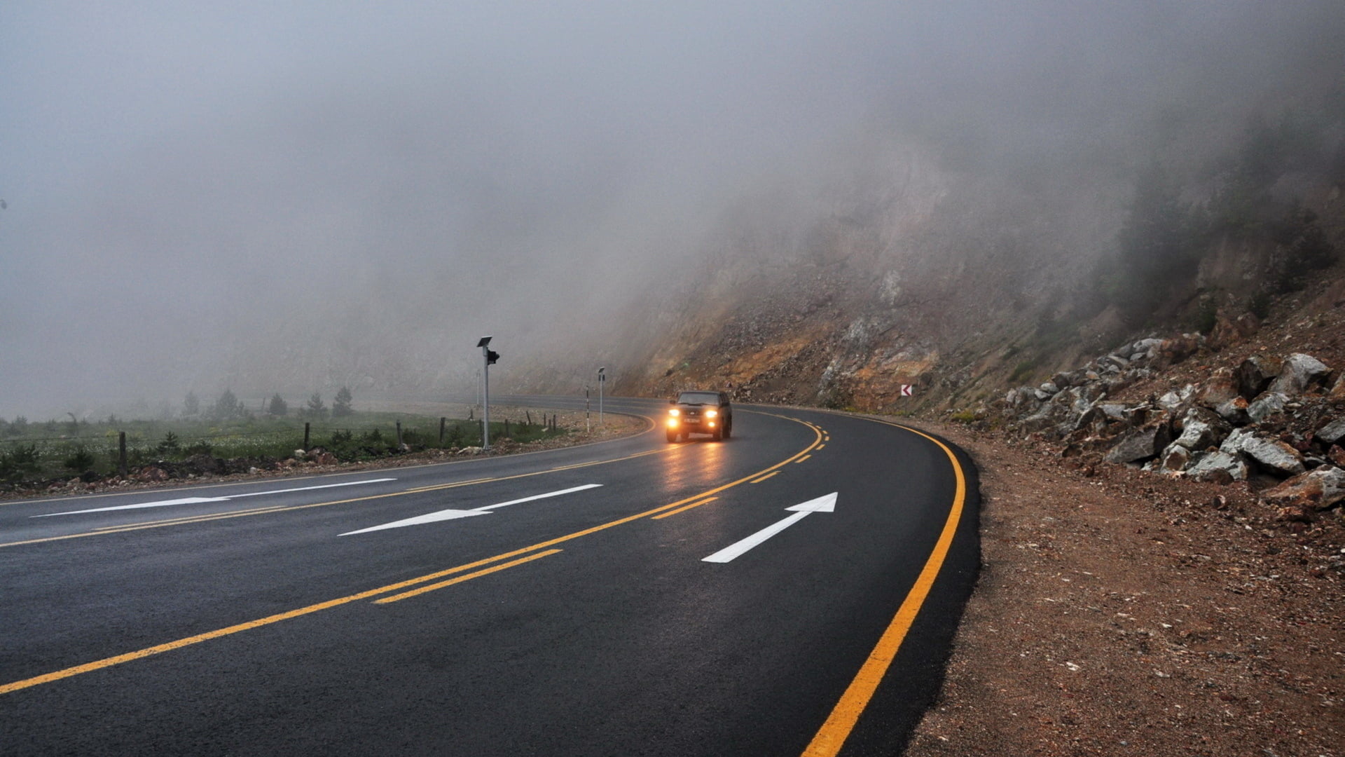landscape, motor vehicle, highway, environment, sign, road marking, outdoors, direction, symbol, day, marking, boat, Headlights, mist, the way forward, HD Wallpaper