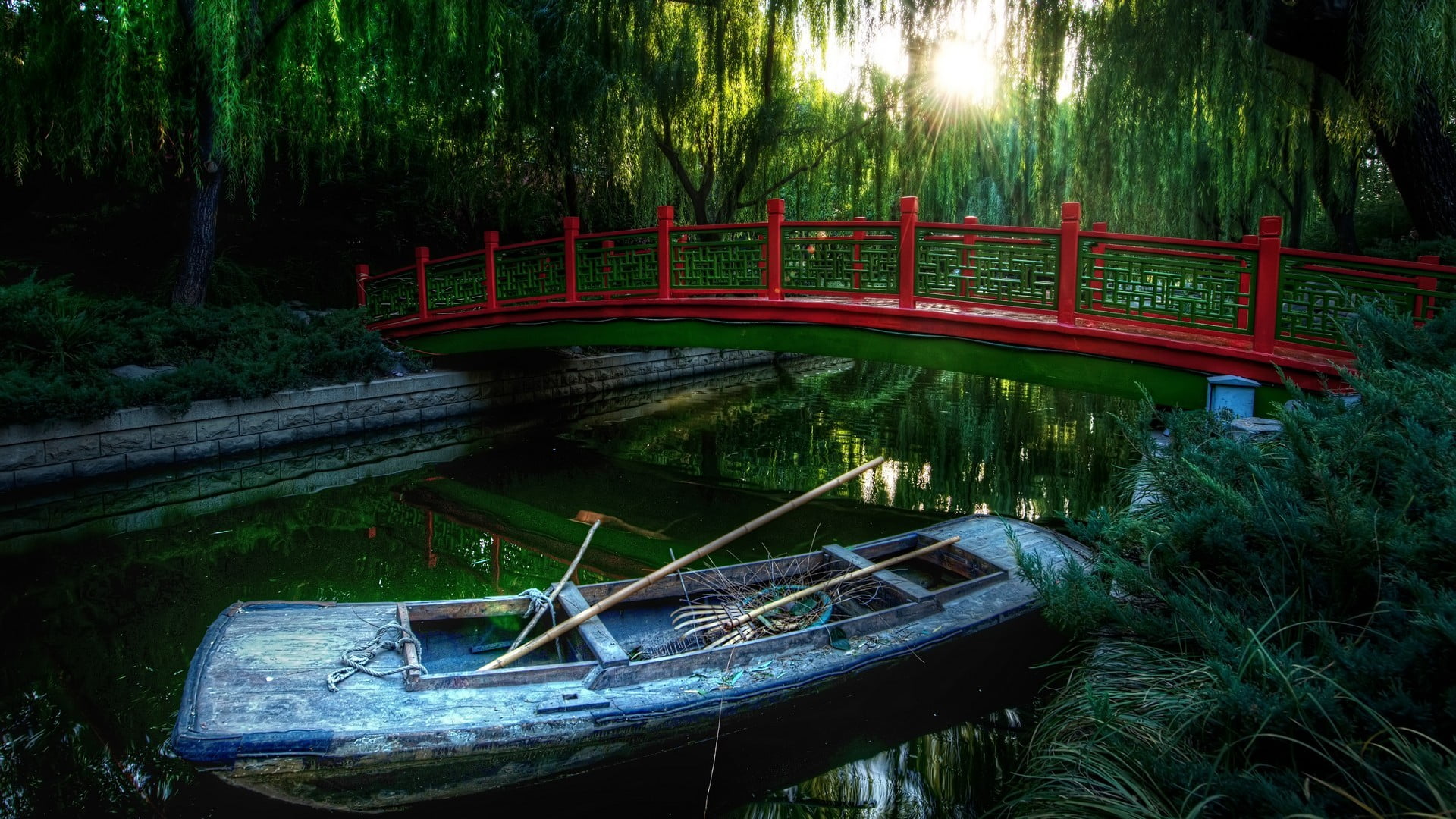 nature, 1080P, forest, plant, trees, no people, red, bridge, footbridge, green color, water, nautical vessel, blue, transportation, mode of transportation, HD Wallpaper