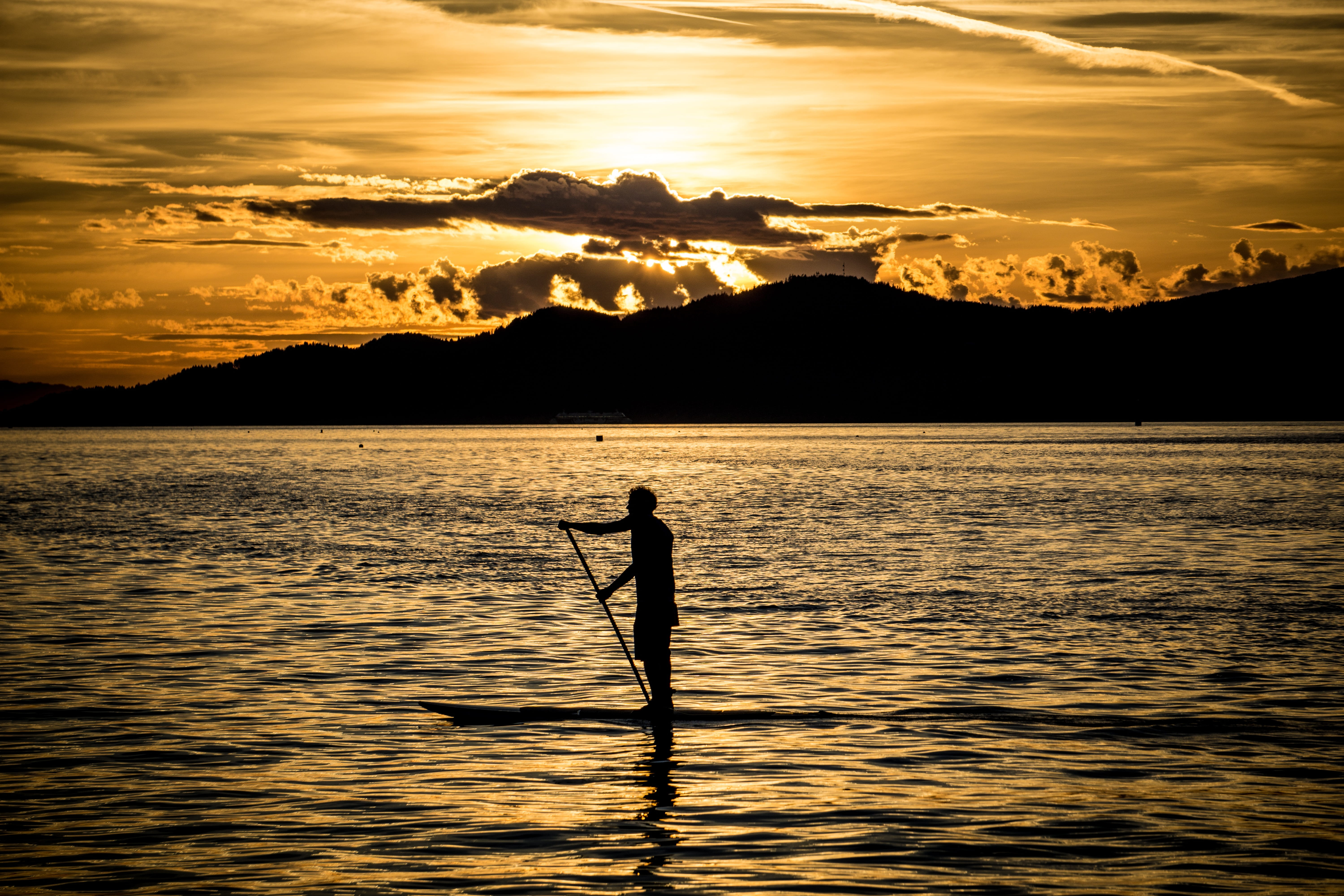 lake, sup, lifestyles, boat, outdoor, tranquility, paddle board, 5K, outdoors, men, standing, one person, scenics - nature, silhouette, person, water, HD Wallpaper