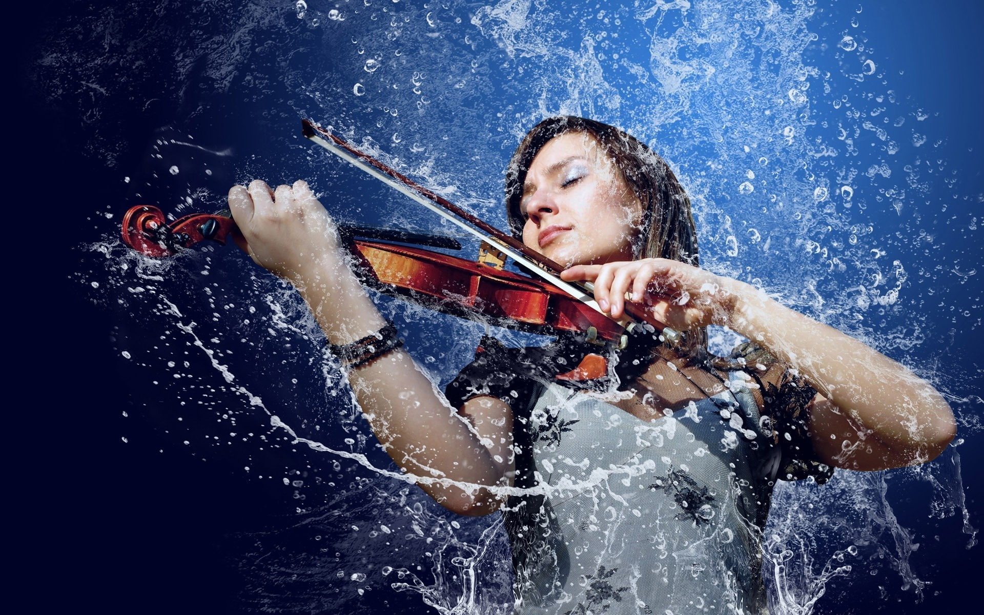 motion, water, 1080P, digital art, model, activity, front view, skill, music, adult, paddling, violin, young adult, women, closed eyes, oar, portrait, HD Wallpaper