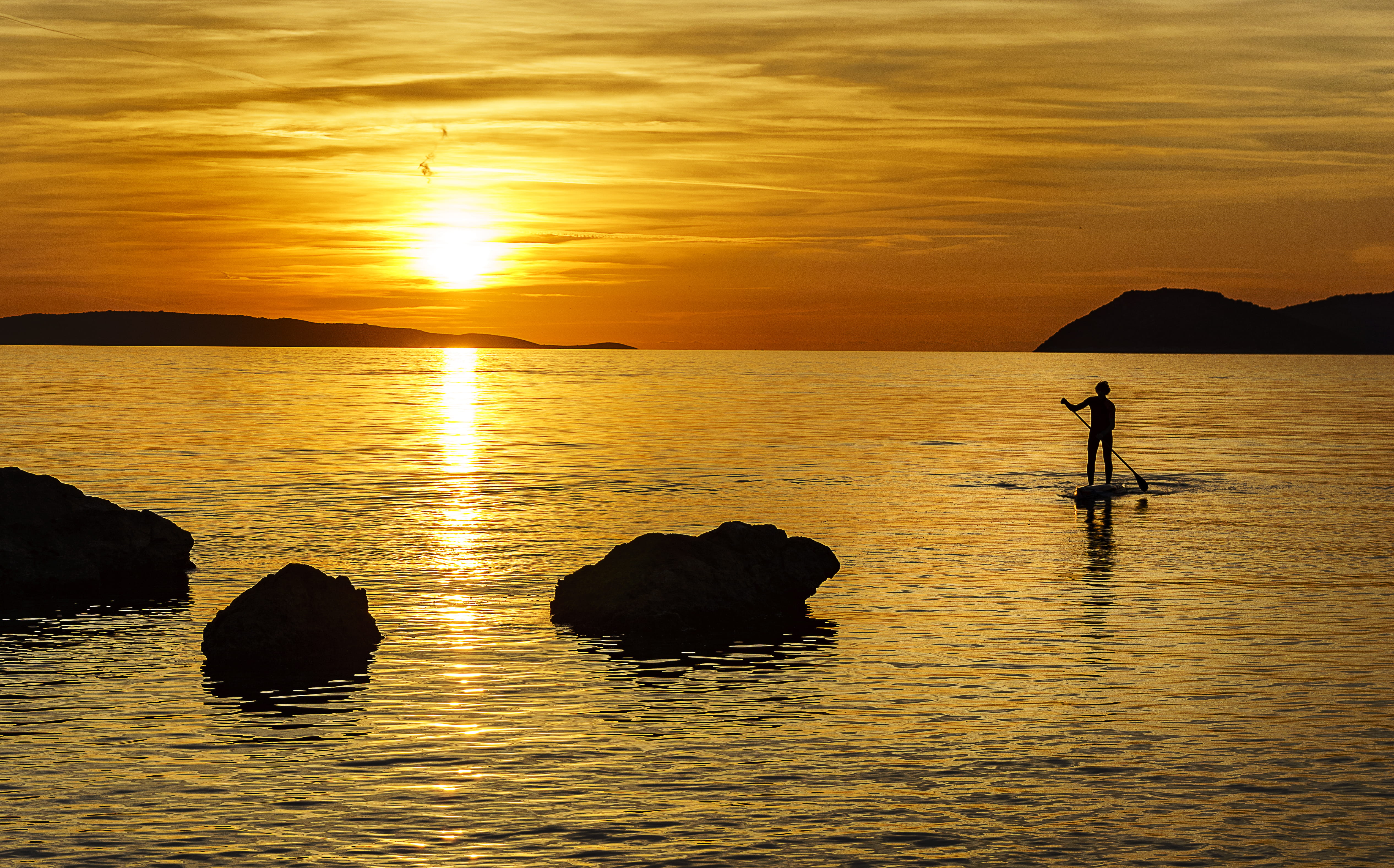 scenics - nature, croatia, sunlight, activity, one person, orange color, sport, lifestyle, sup, padle, season, peaceful, paddleboard, standup, waterfront, HD Wallpaper