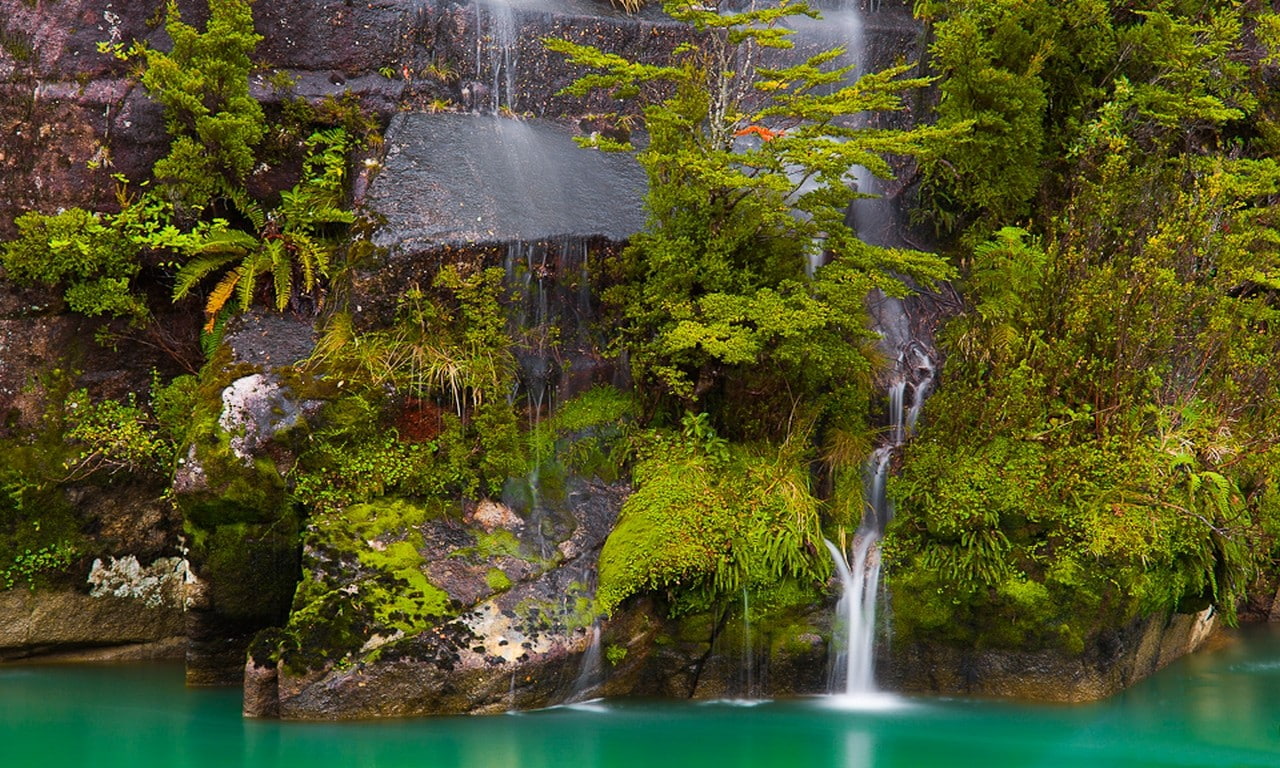 flowing water, turquoise, green color, 720P, flowing, growth, falling water, motion, Chile, tree, lake, waterfall, outdoors, water, forest, tranquility, HD Wallpaper