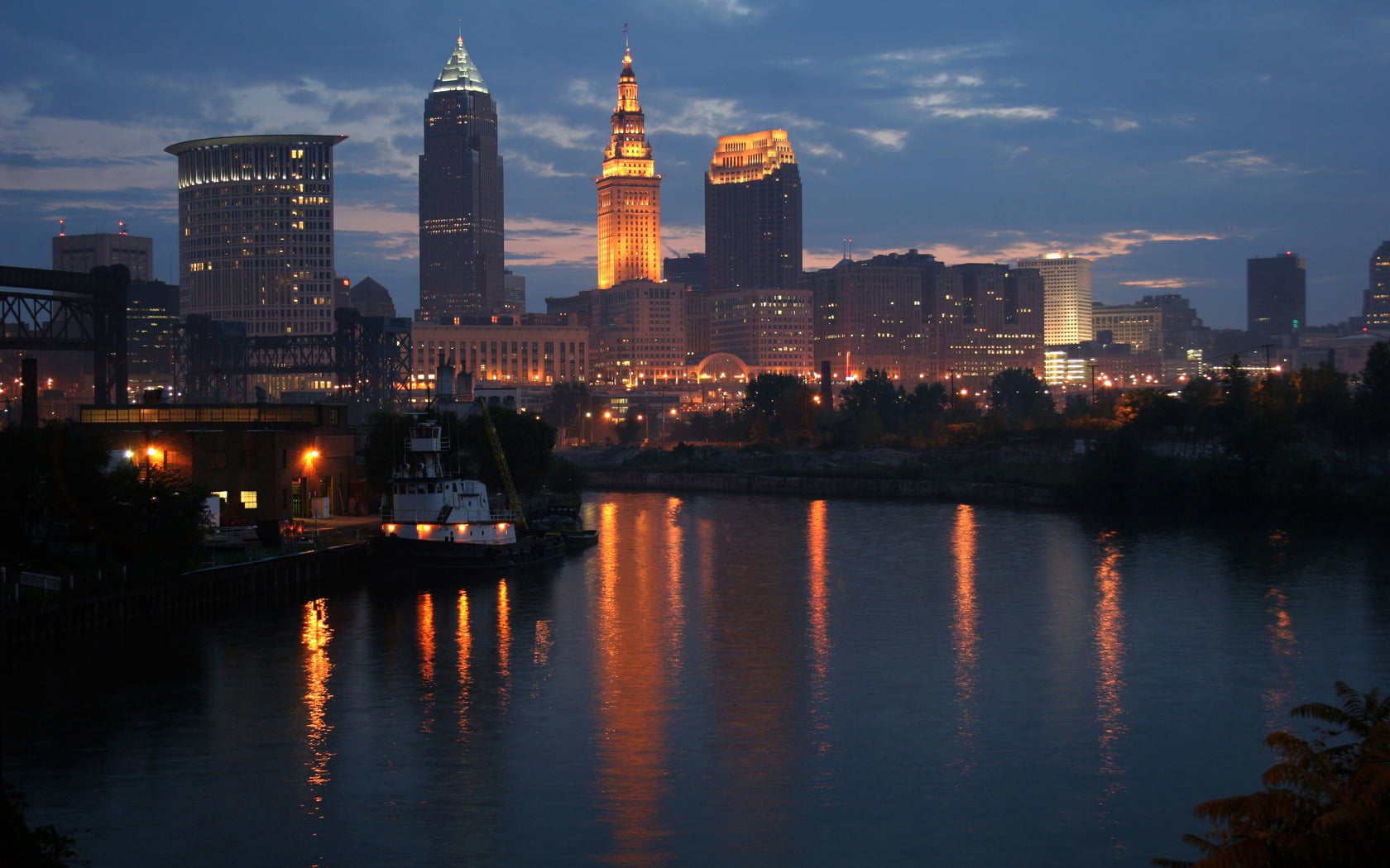 sky, united states, famous Place, business, twilight, illuminated, tall - high, reflection, sunset, tower, urban Skyline, cleveland, architecture, water, HD Wallpaper
