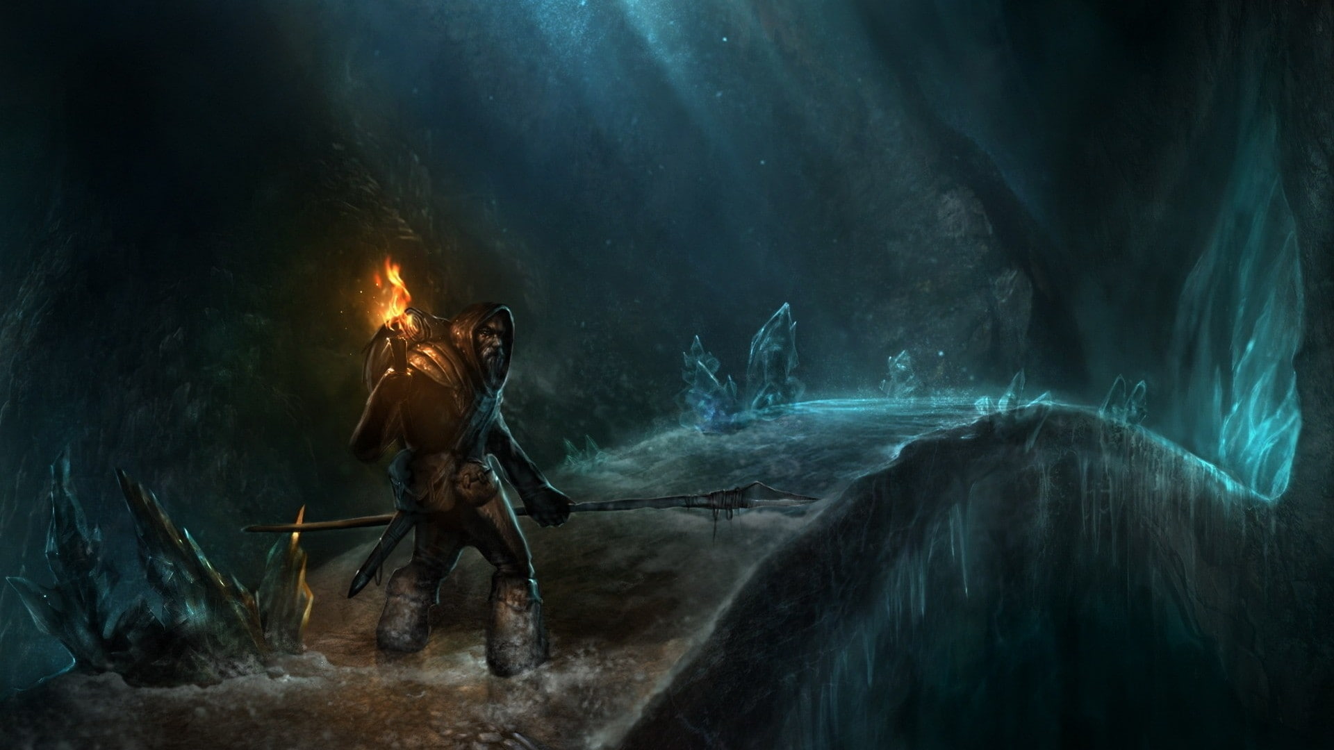 1080P, fantasy art, x, fantasy, cavern, abstract, art, spears, Fire, hd, HD Wallpaper