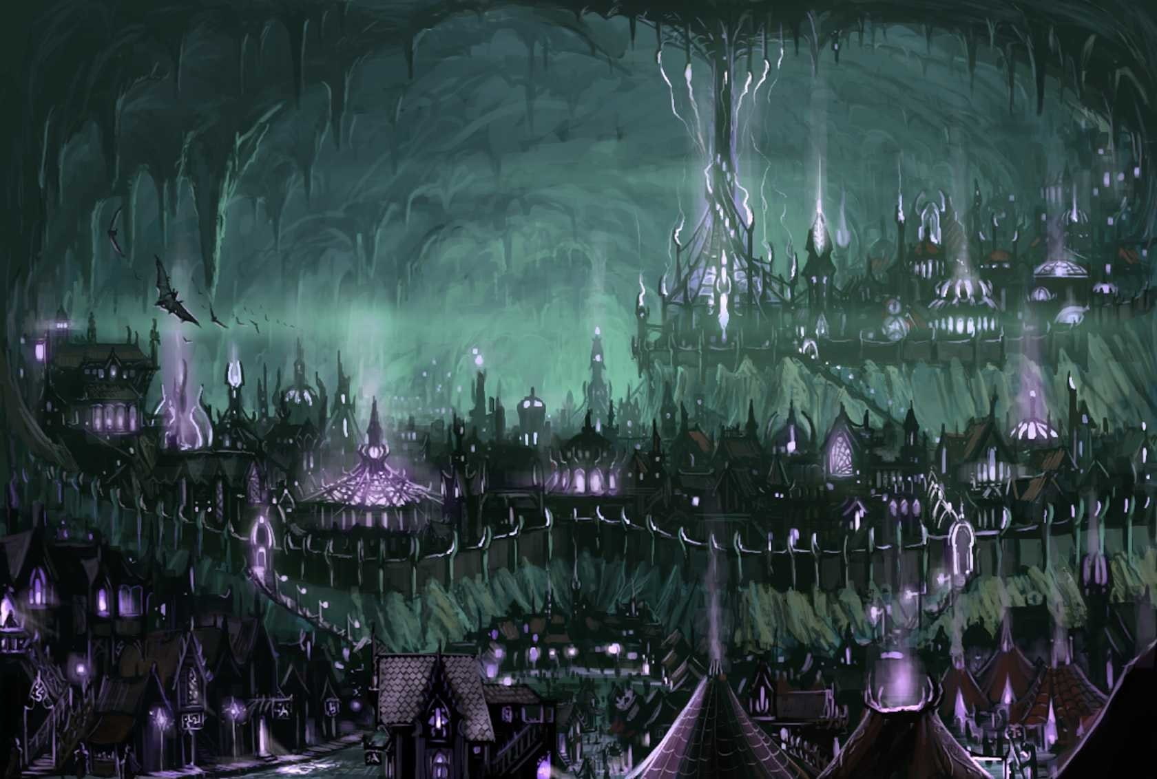 Sci Fi, Magic, town, Fantasy, Underground, Bat, illustration, Cityscape, Cavern, 720P, City, Stalagtites, HD Wallpaper