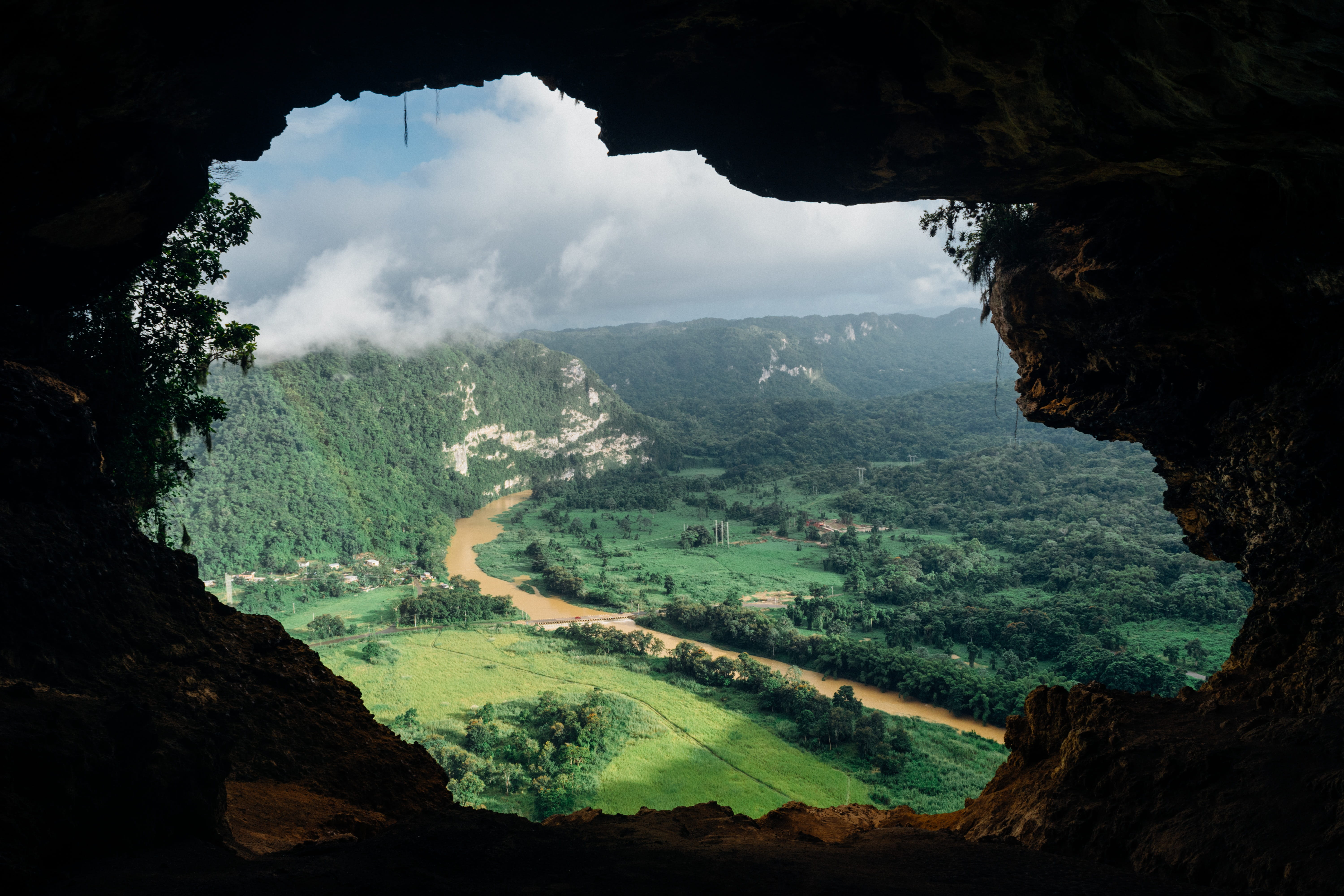 valley, view, mountain, landscape, tree, rock - object, cavern, tranquility, solid, environment, hole, outdoors, out of, green, sky, land, shelter, rock, HD Wallpaper