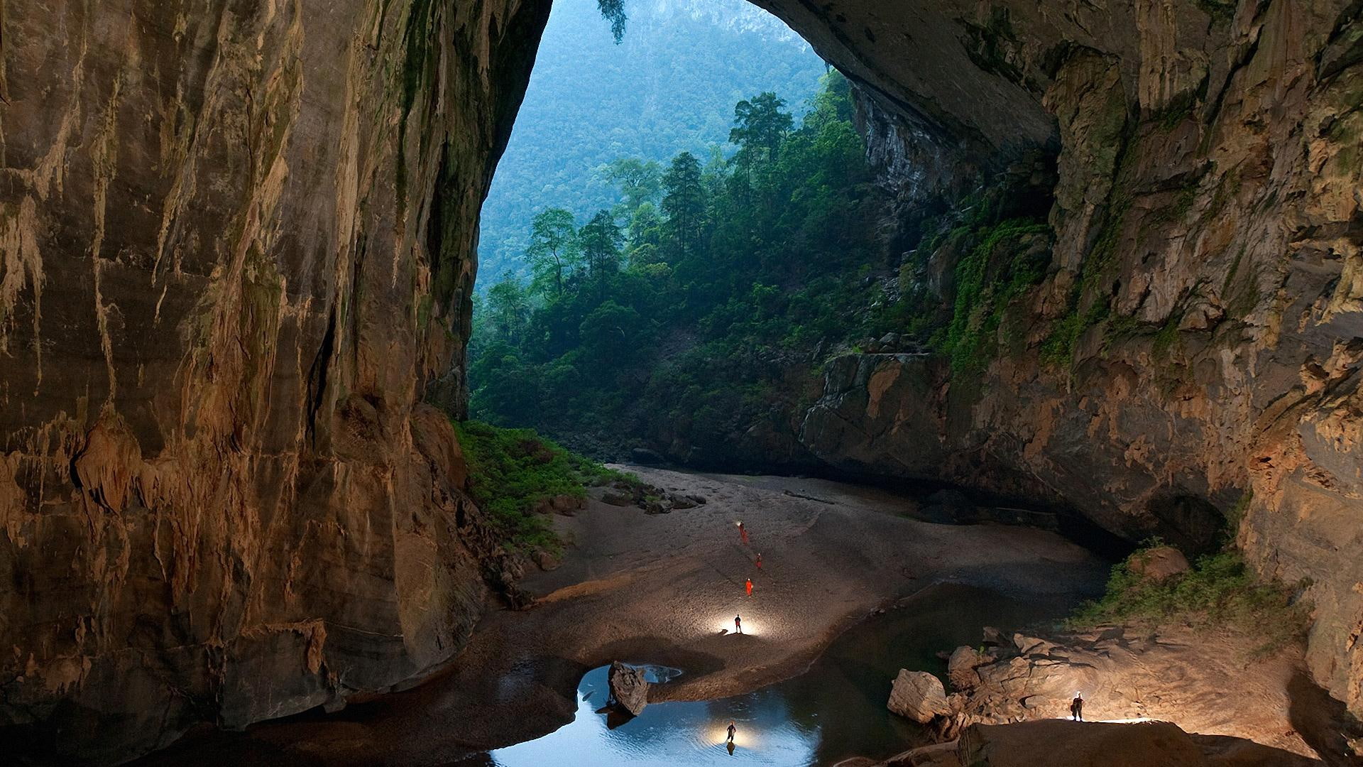 doong, trees, 1080P, explorers, cave, pool, hang, son, nature and landscapes, HD Wallpaper