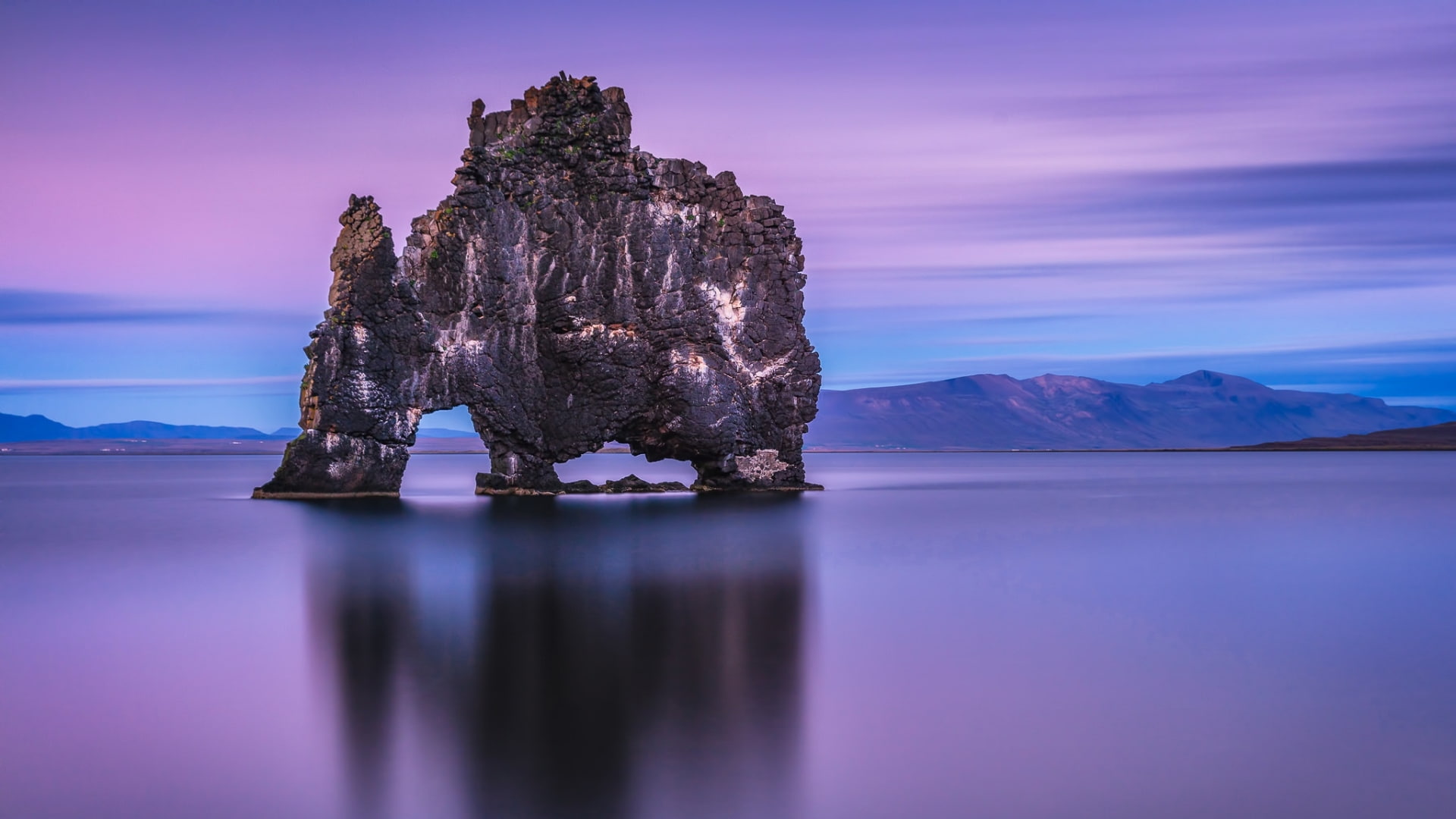 mountains, Rock Formation, reflection, nature, sea, Hvítserkur, Iceland, Long Exposure, 1080P, landscape, clouds, water, imagination, rock, HD Wallpaper