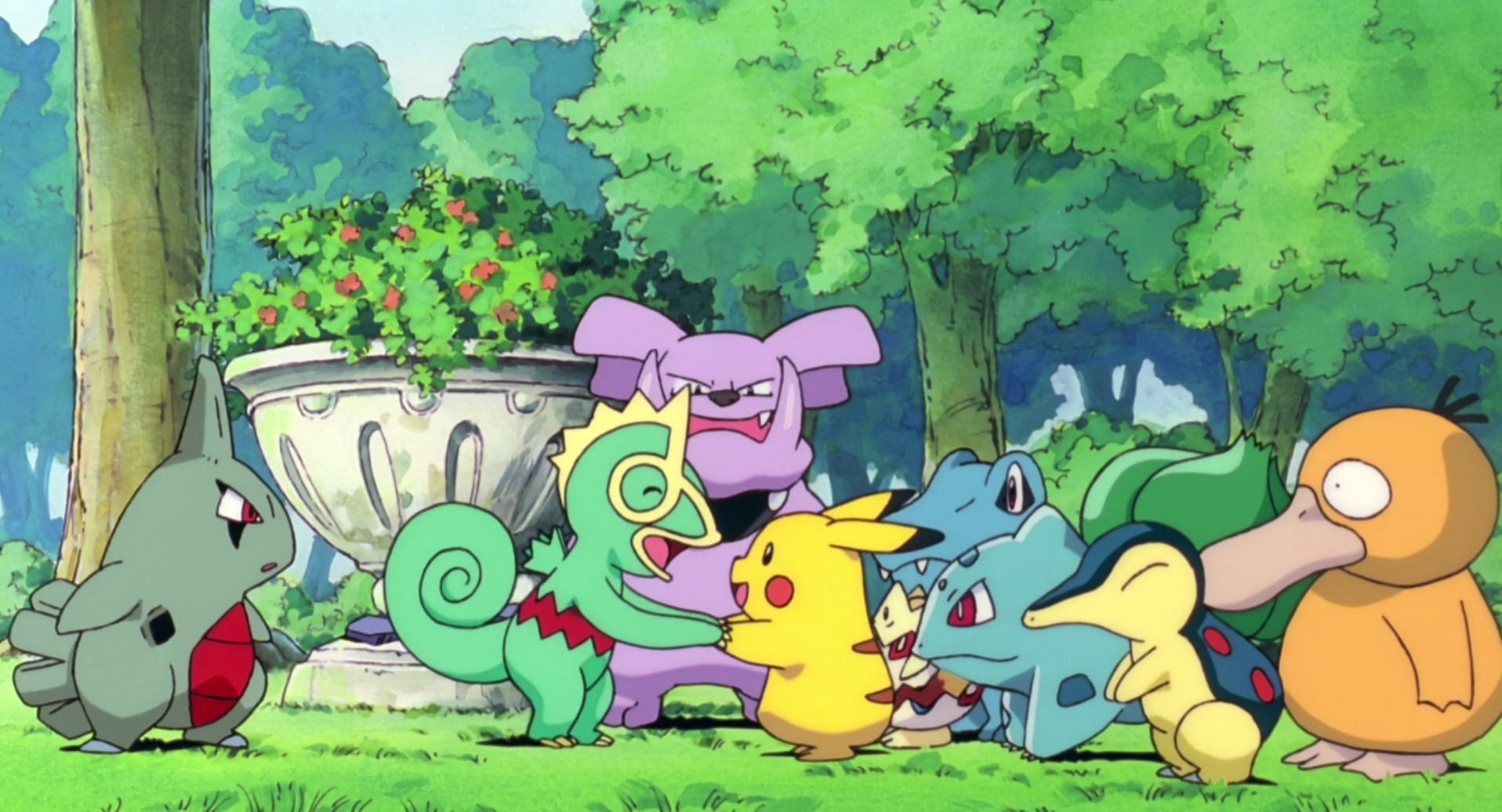 park, animal, Bulbasaur (Pokémon), Cyndaquil (Pokémon), art and craft, no people, field, Totodile (Pokémon), Kecleon (Pokémon), 720P, green color, nature, HD Wallpaper