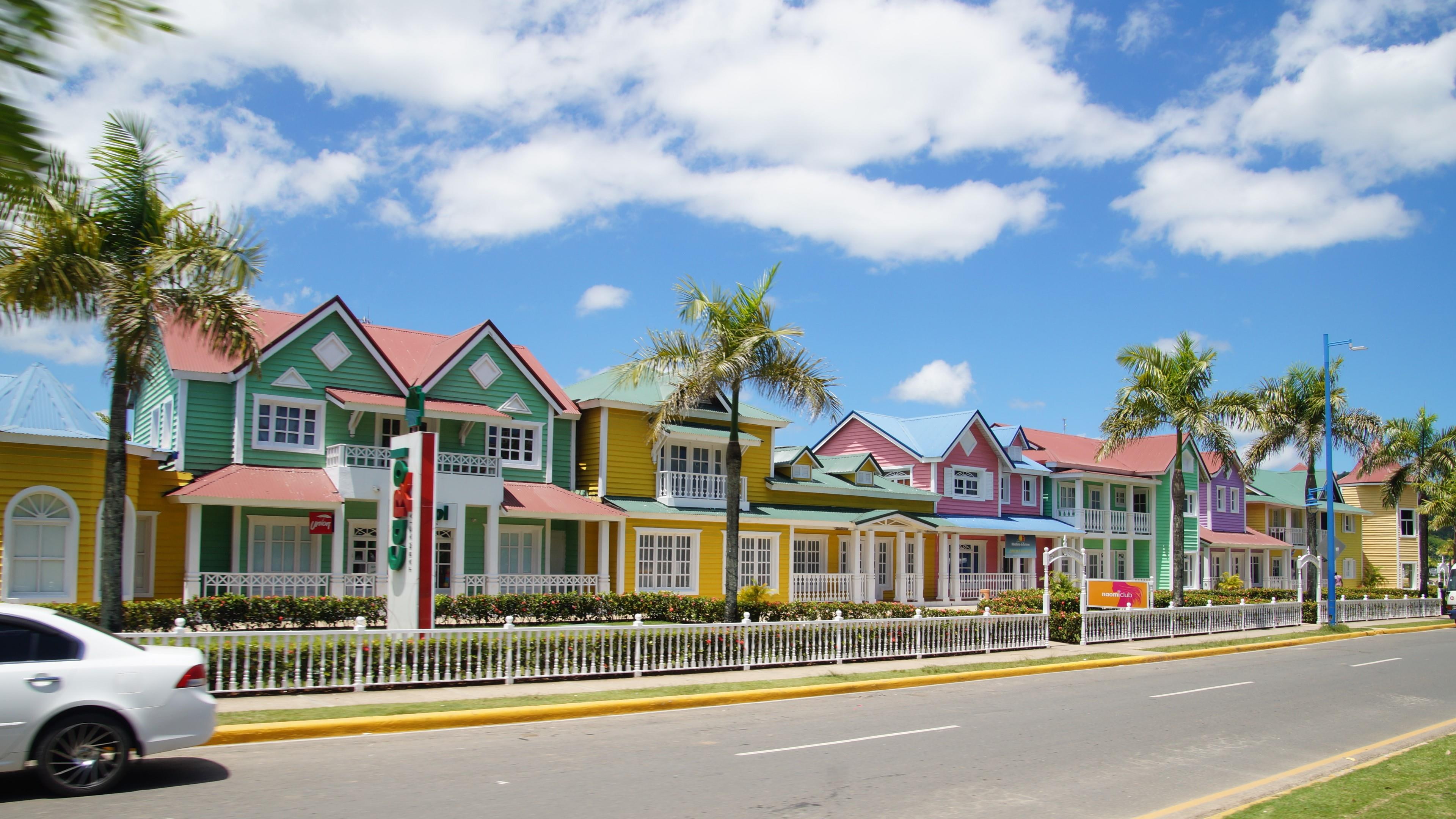 4K, dominican republic, plams, street, clouds, houses, colorful, HD Wallpaper