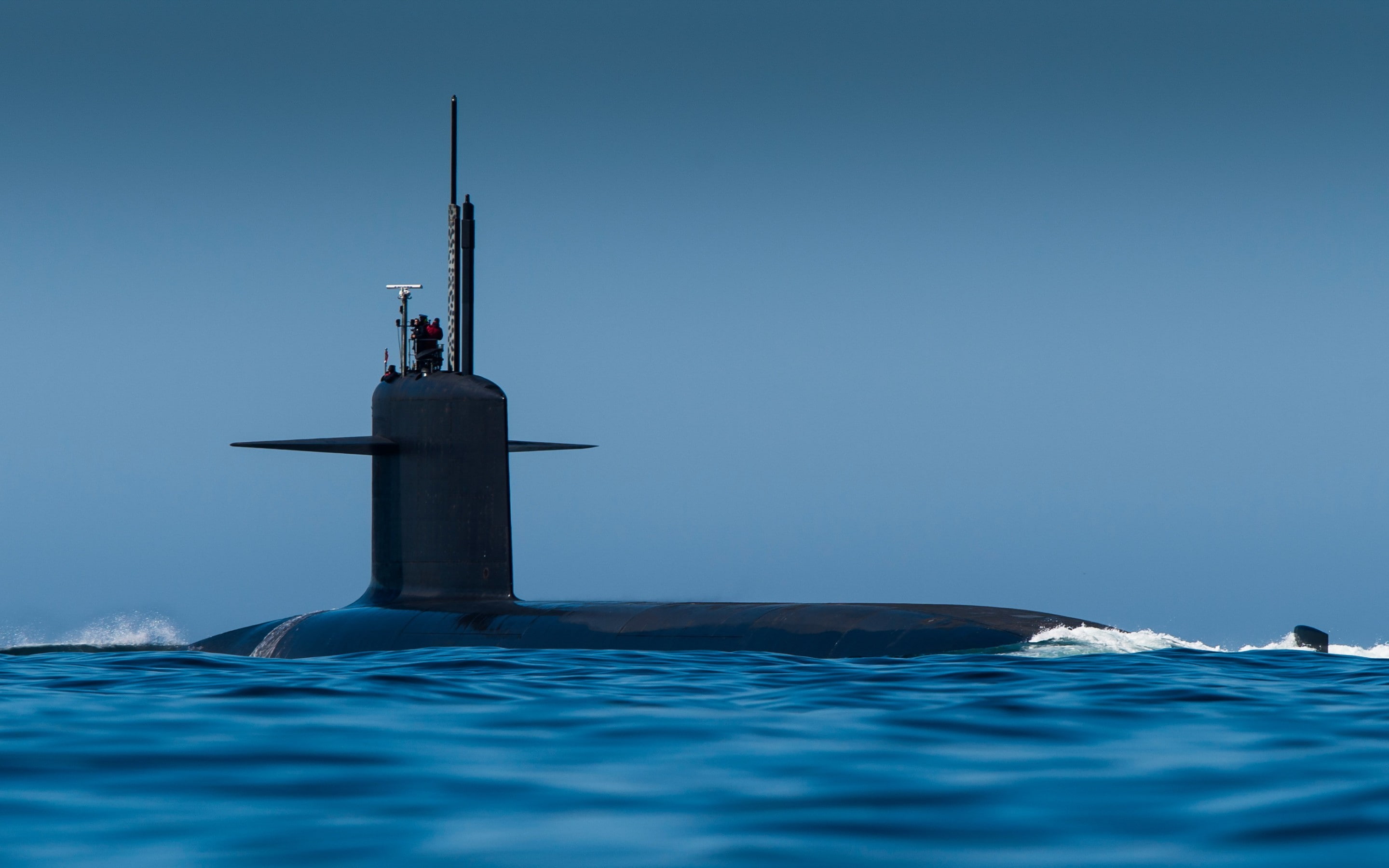waves, nature, water, submarine, military, clear, antenna, blue, 2K, black, sea, clear sky, sky, landscape, HD Wallpaper