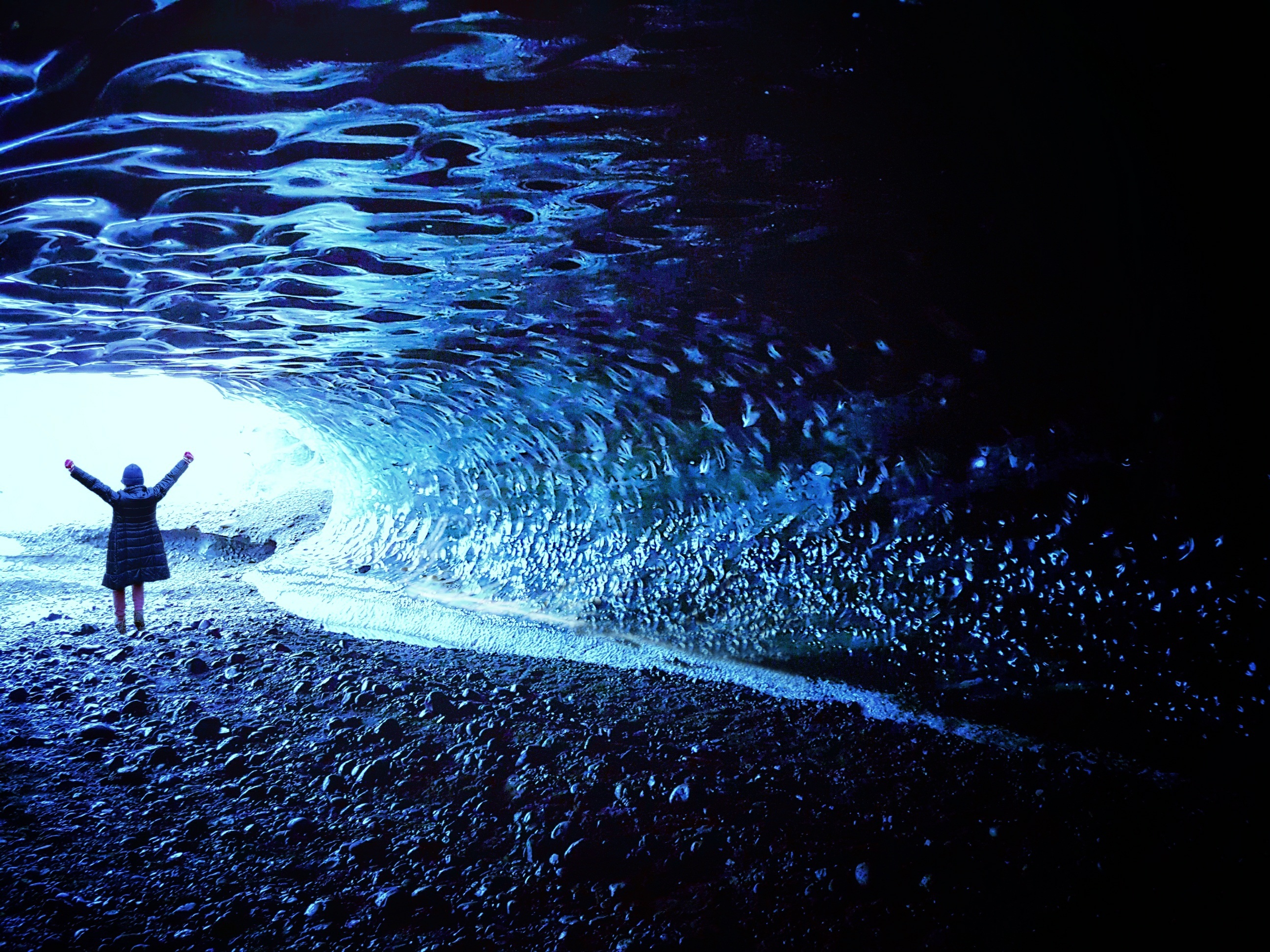 near, 2K, natural, stunning, men, ice cave, day, lifestyles, arms raised, iceland, blue ice, full length, silhouette, cool, leisure activity, amazing, HD Wallpaper