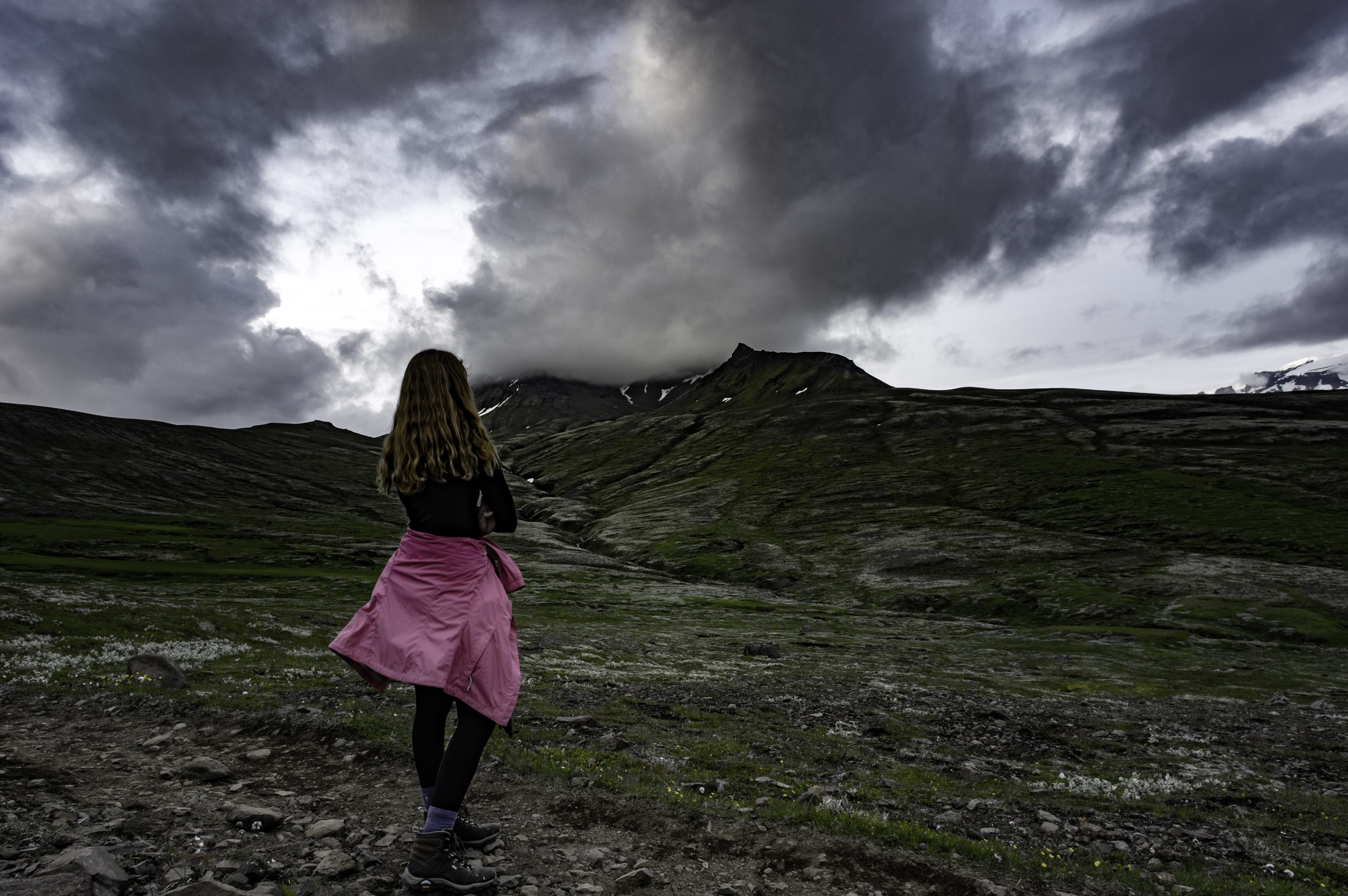 landscape, land, leisure activity, 5K, sky, one person, beauty in nature, standing, cloud - sky, women, scenery, lifestyles, iceland, adventure, clouds, HD Wallpaper