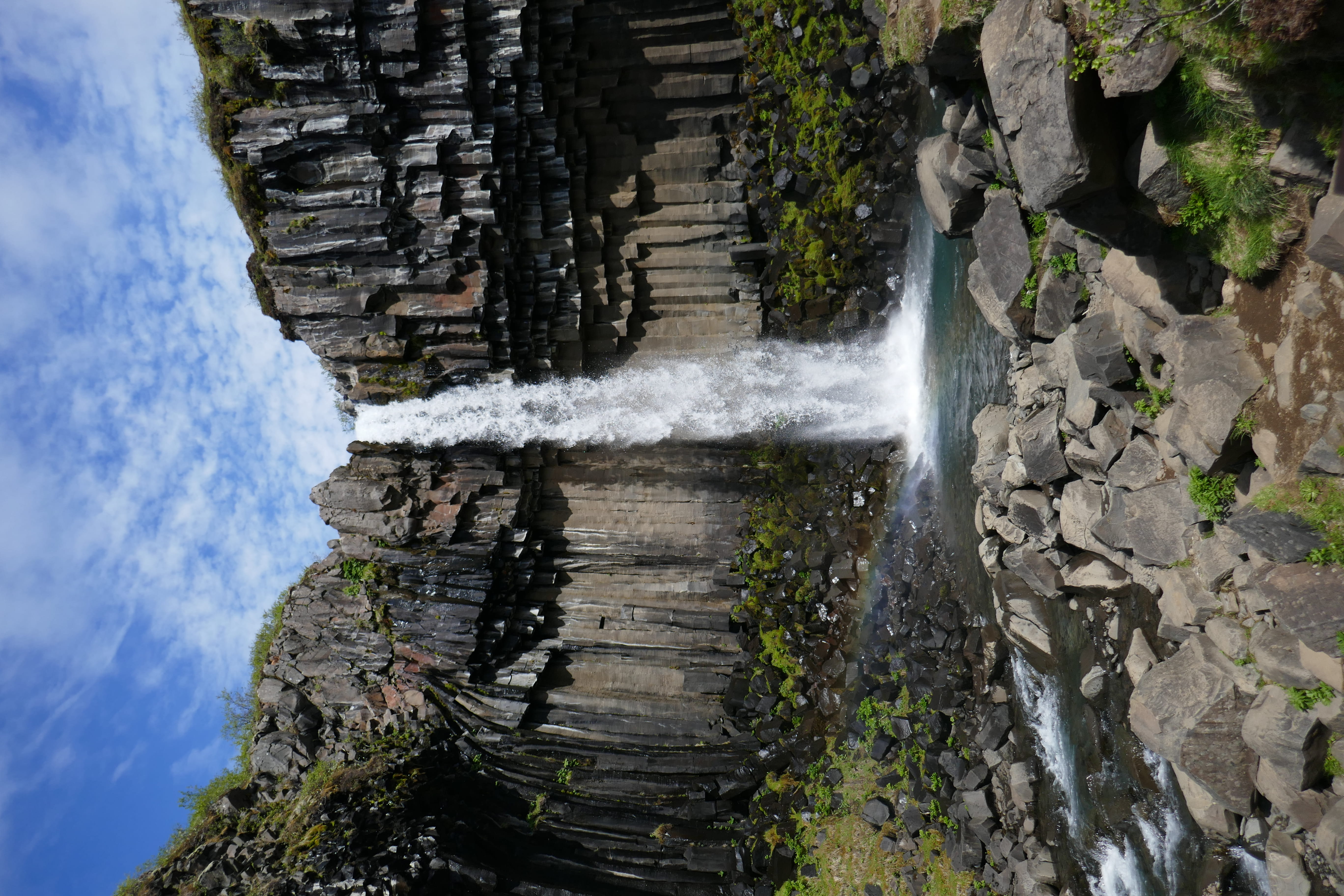 water, iceland, motion, waterfall, skaftafell, land, tree, svartifoss, day, flowing water, power in nature, plant, 5K, cliff, built structure, sky, architecture, HD Wallpaper