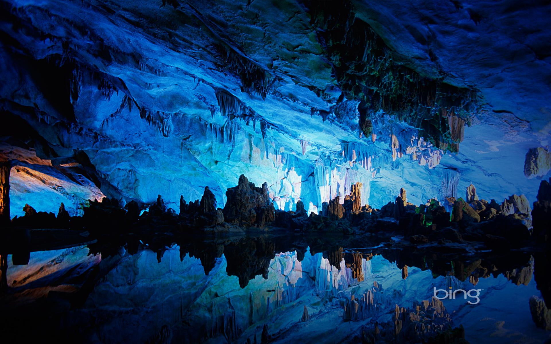 groto, bing, windows7theme, 1080P, blue, grotto, best, 3d and abstract, HD Wallpaper