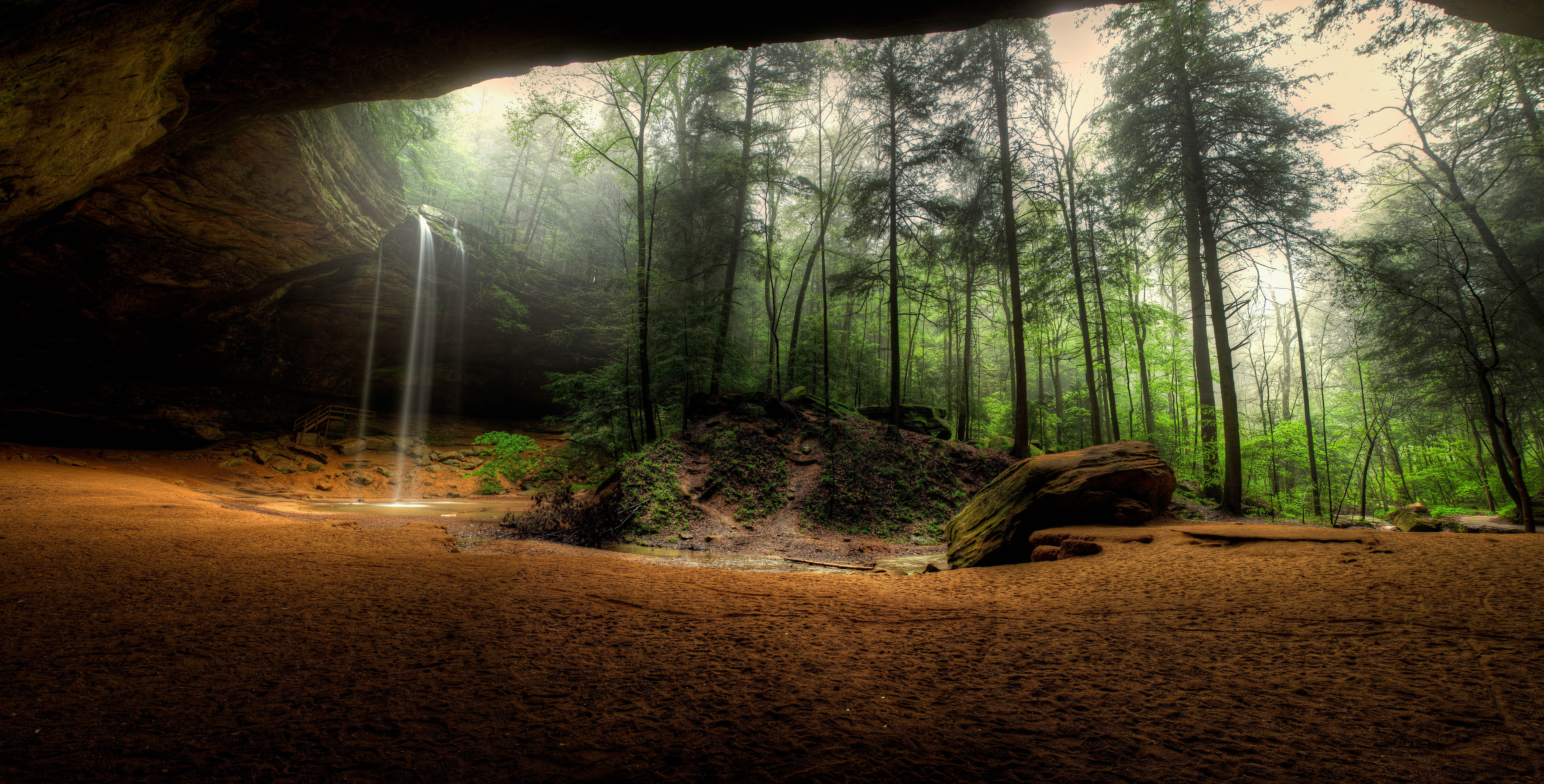 rock, forest, panorama, waterfall, the grotto, 8K, HD Wallpaper