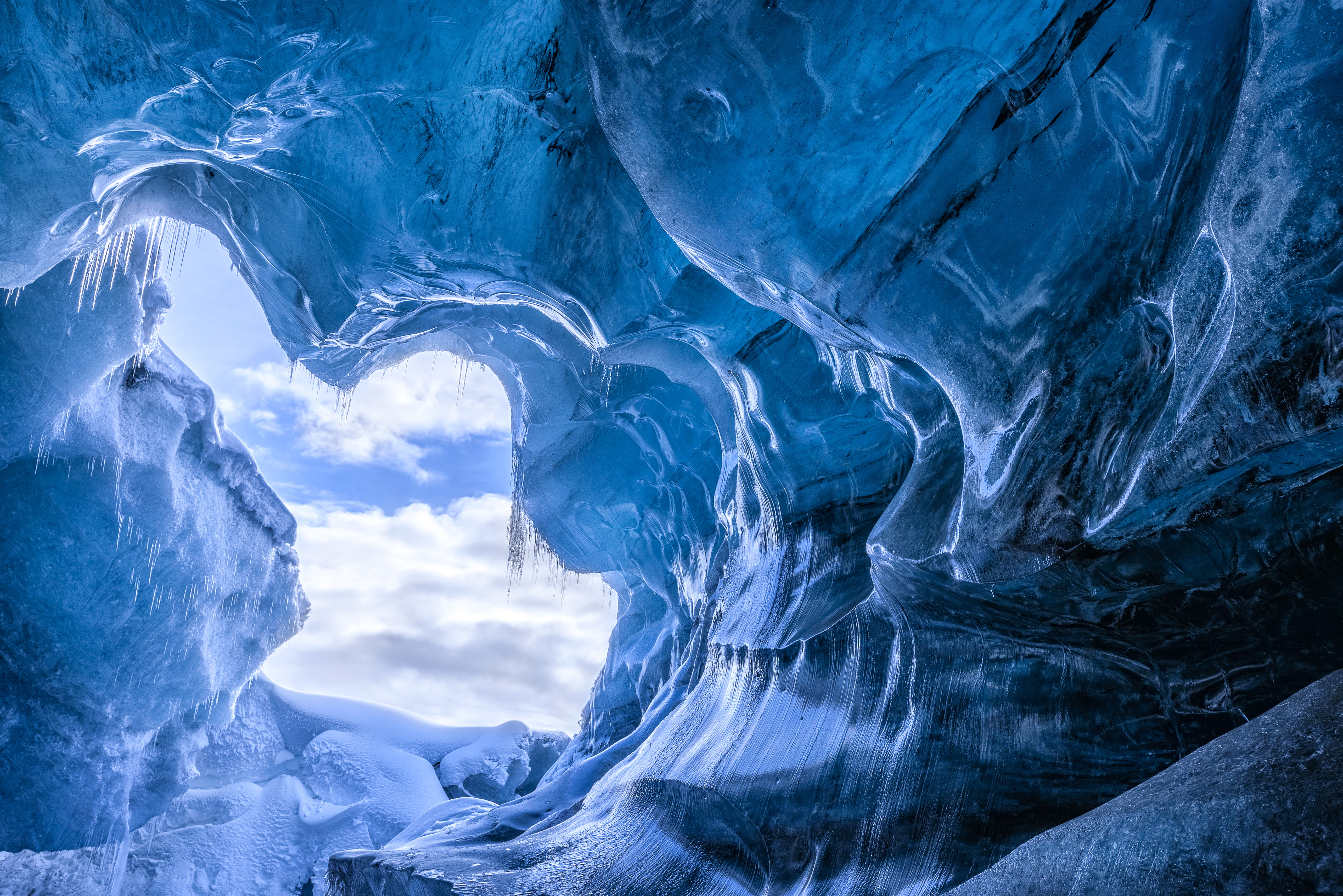 icicles, the grotto, winter, 5K, cave, Iceland, snow, ice, HD Wallpaper