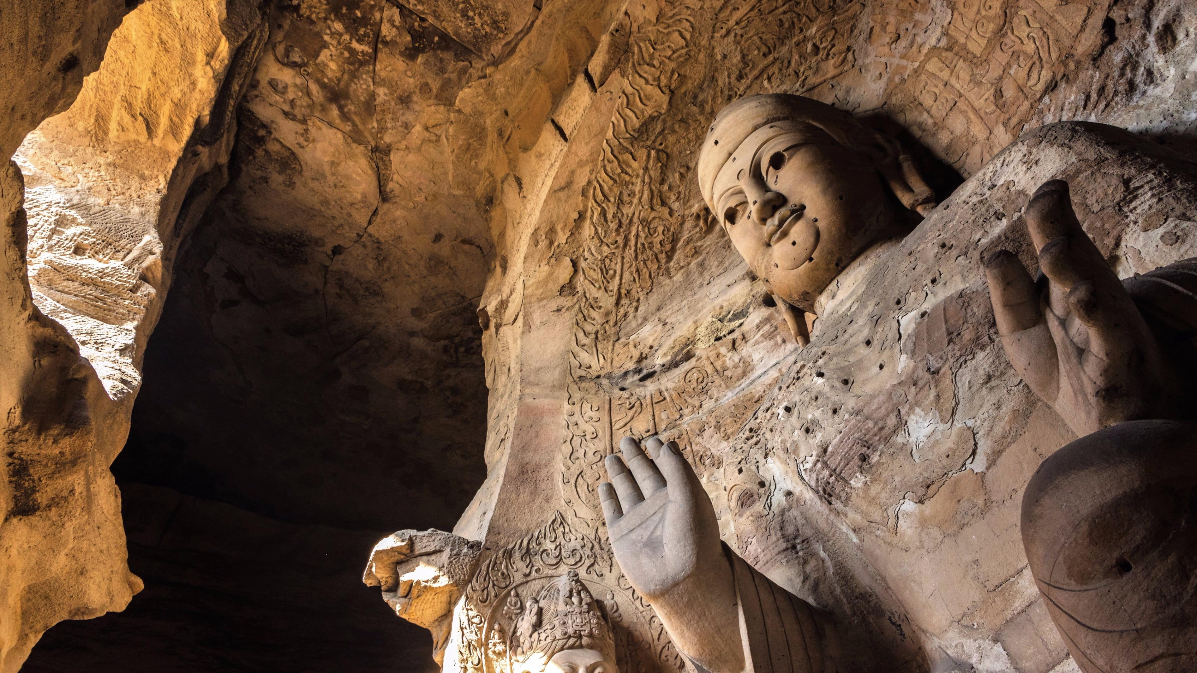 sculpture, ancient civilization, male likeness, stone, architecture, low angle view, buddhist, history, the past, unesco world heritage, idol, 4K, shanxi, HD Wallpaper