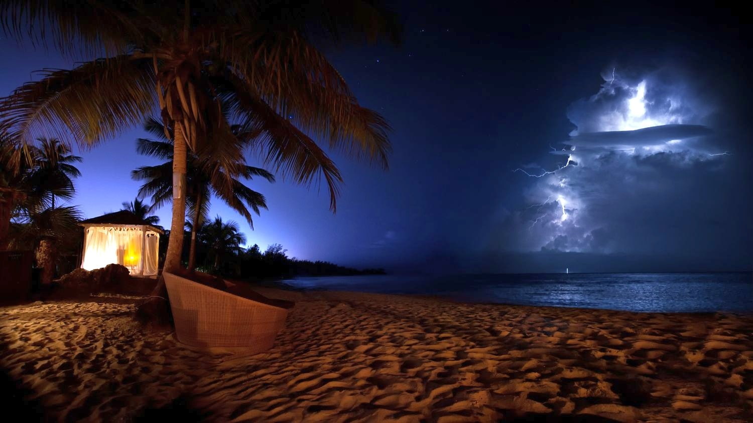 storm, tree, beach, 720P, scenics - nature, night, nature photography landscape palm trees beach sea sand storm lightning cocktails puerto rico night, HD Wallpaper