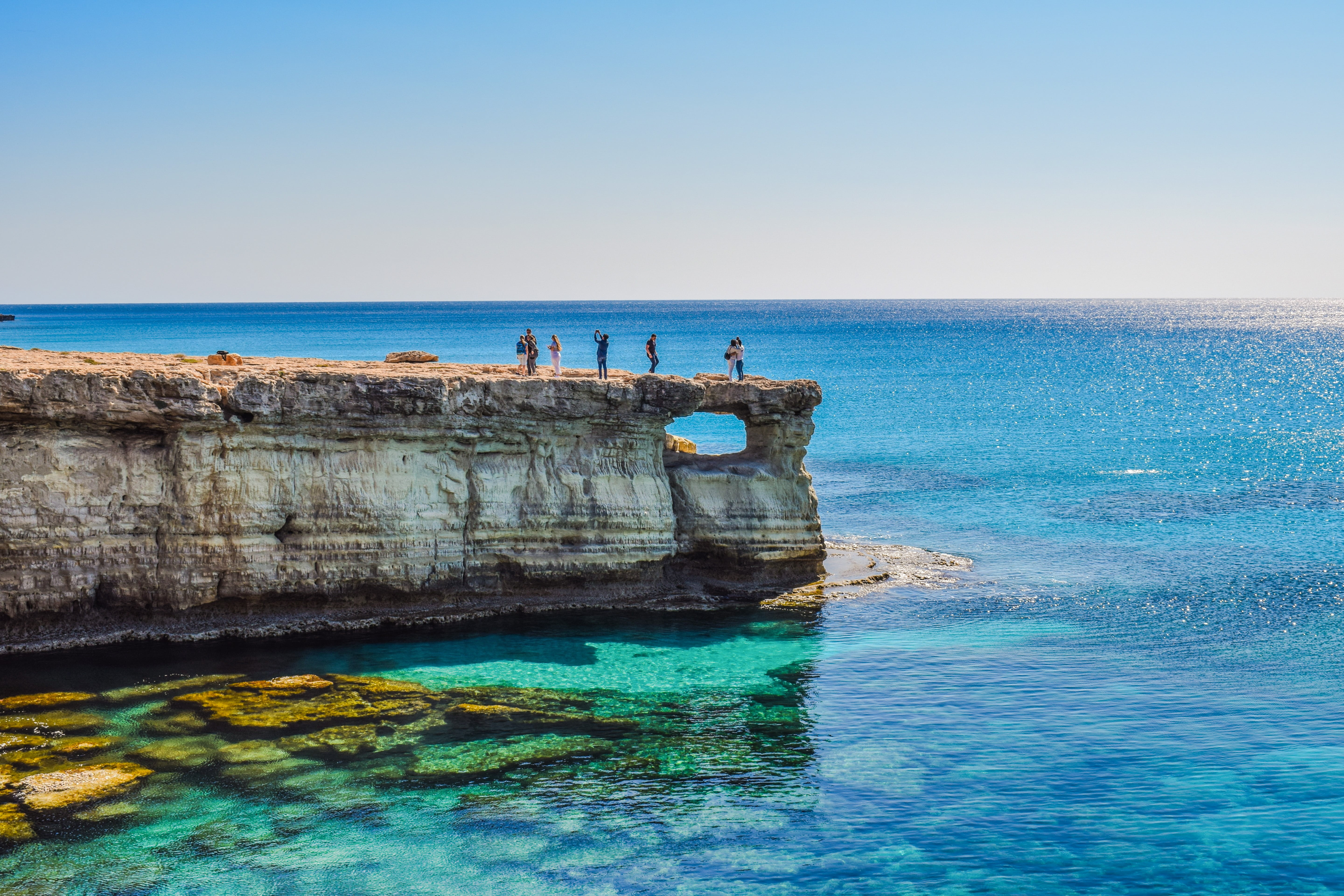 scenery, sea, clear sky, cliff, scenic, nature, tourism, window, cavo greko, beauty in nature, horizon, rock, nature landscape, group of people, water, HD Wallpaper