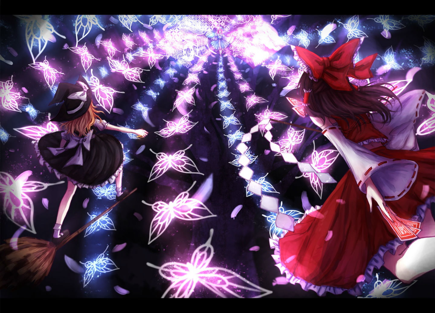petals, hat, kirisame, hair, ovo, touhou, butterfly, brown, pink, marisa, skirt, long, witch, monka, miko, bow, ribbons, hakurei, reimu, kimono, 720P, HD Wallpaper