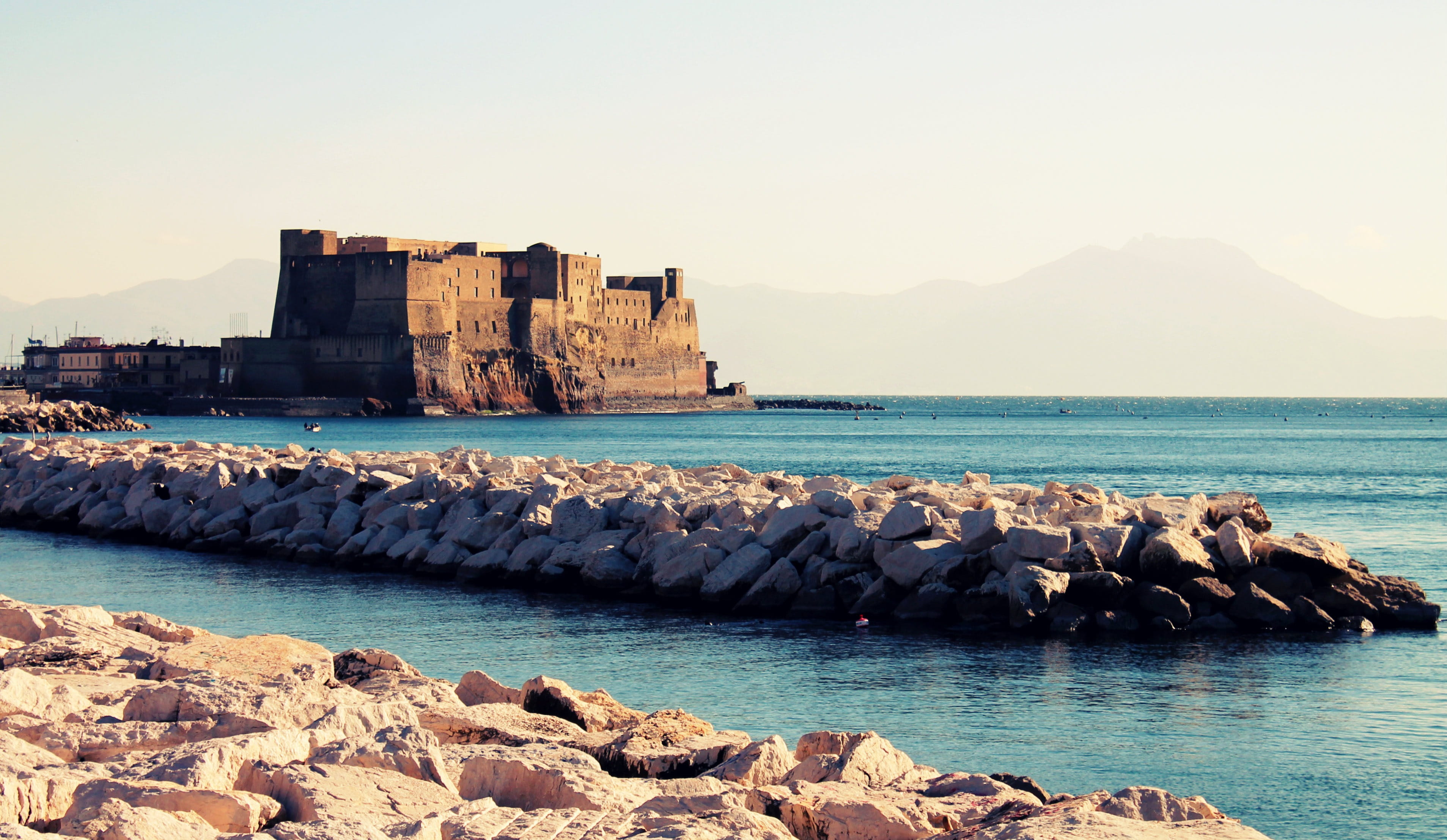 clear sky, building, landscape, photo, sea, coastline, land, rock, old, sky, groyne, beach, beauty in nature, solid, italy, rocky coastline, Dell, naples, HD Wallpaper