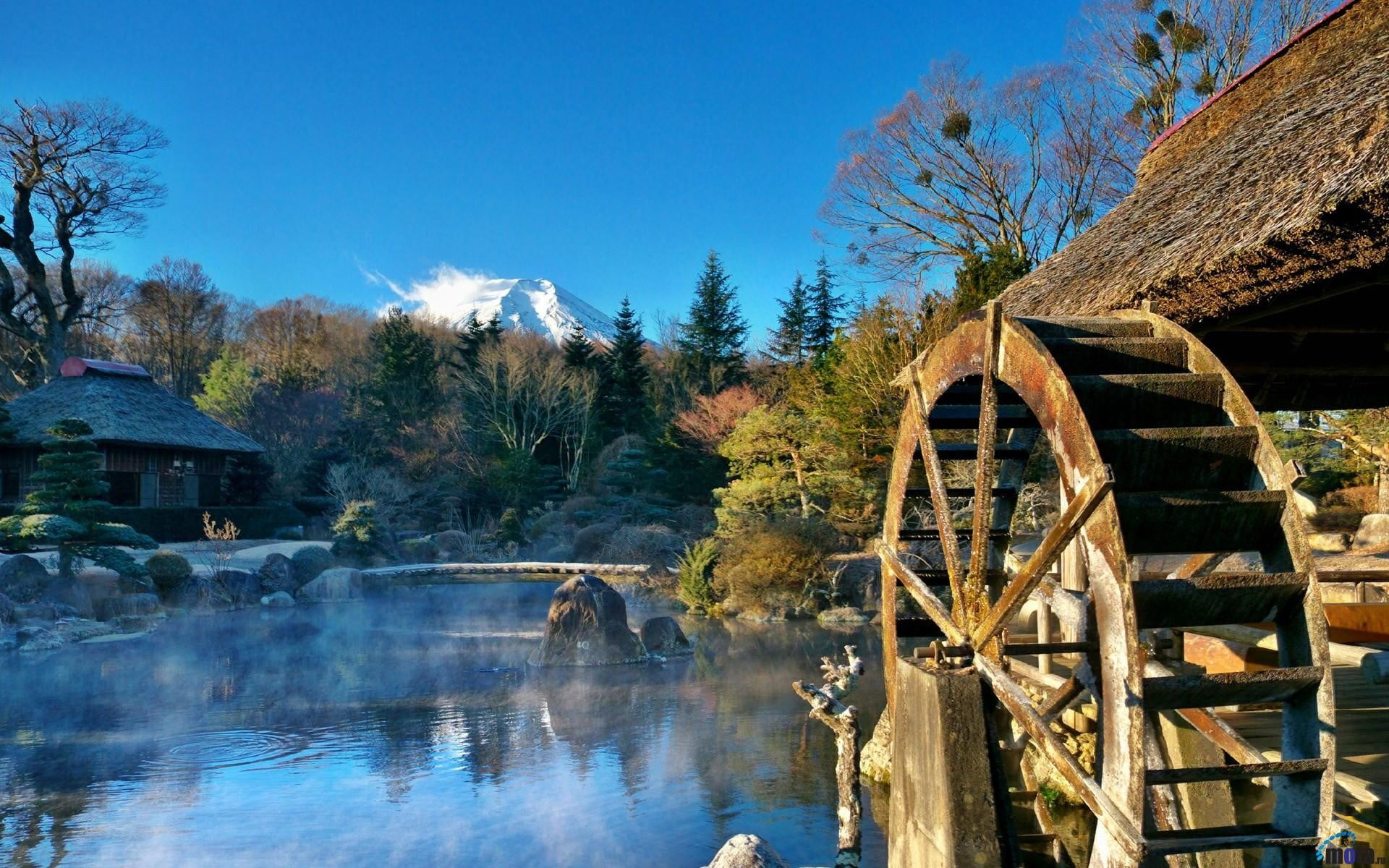 no people, 1080P, architecture, tranquil scene, nature, blue, plant, house, mountain, day, fuel and power generation, watermill, mountains, outdoors, scenics - nature, HD Wallpaper