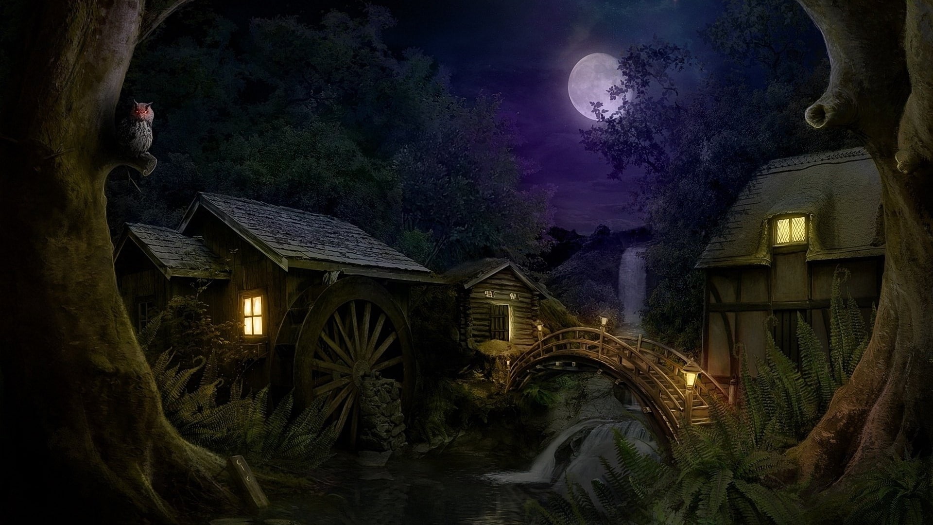 midnight, moon, watermill, darkness, moonlight, 1080P, night, village, full moon, HD Wallpaper