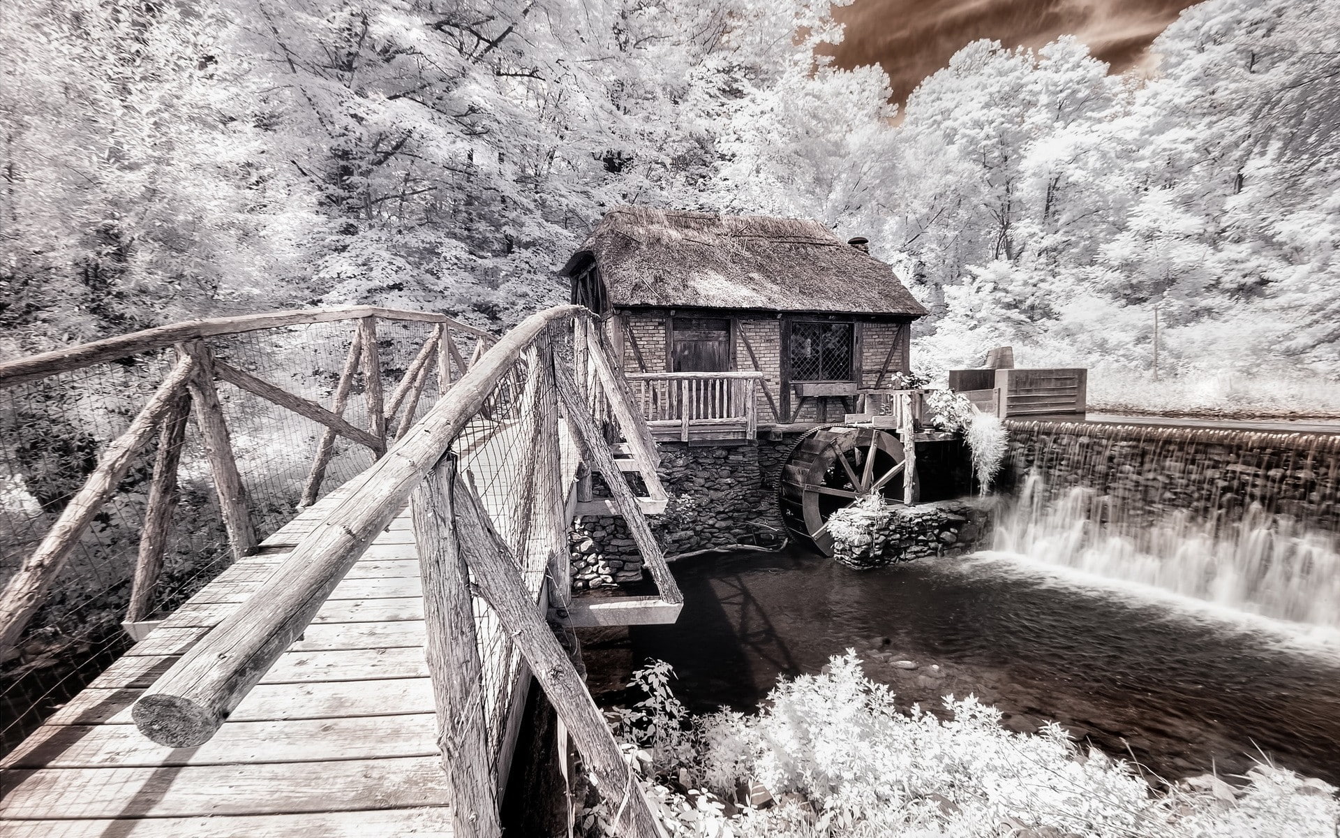 hd, nature, bridge, watermill, 1080P, cottage, HD Wallpaper