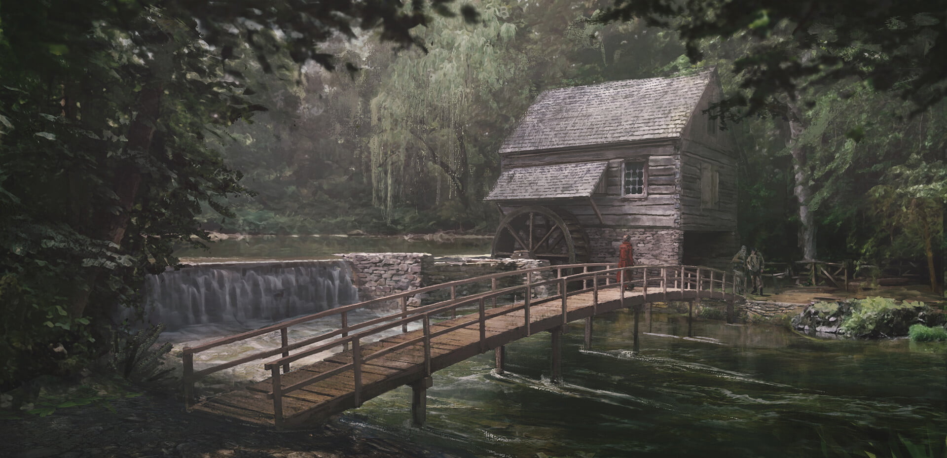 river, artwork, nature, 1080P, forest, bridge, watermills, HD Wallpaper