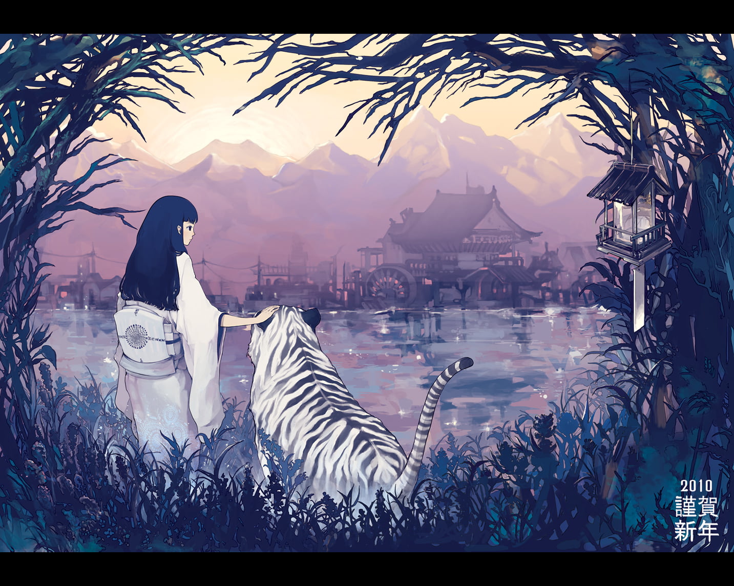 mountains, lake, house, forest, 720P, tiger, watermills, HD Wallpaper