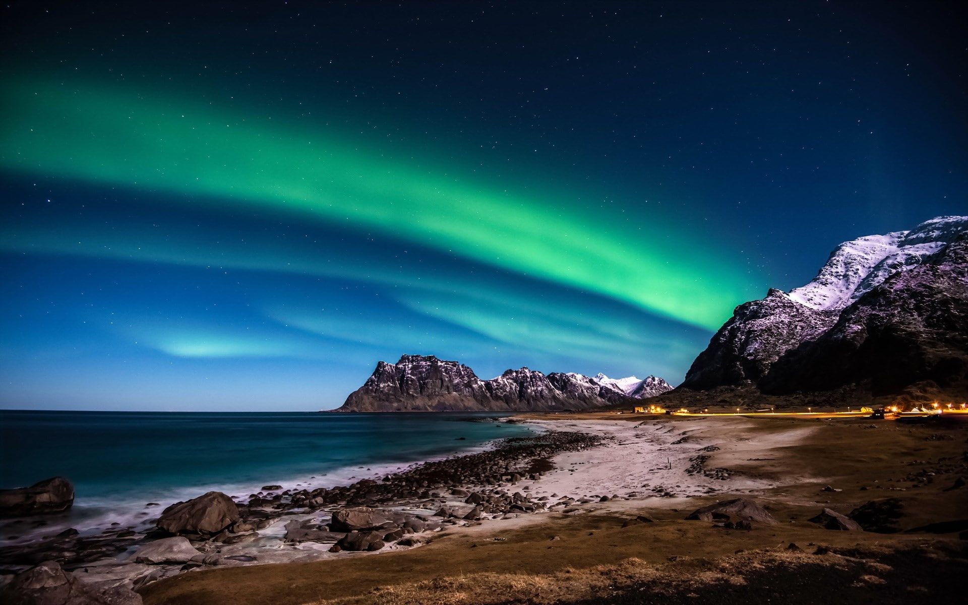 luminosity, space, no people, night, beauty in nature, cold temperature, sky, snow, sea, nature, glowing, illuminated, green color, water, scenics - nature, HD Wallpaper