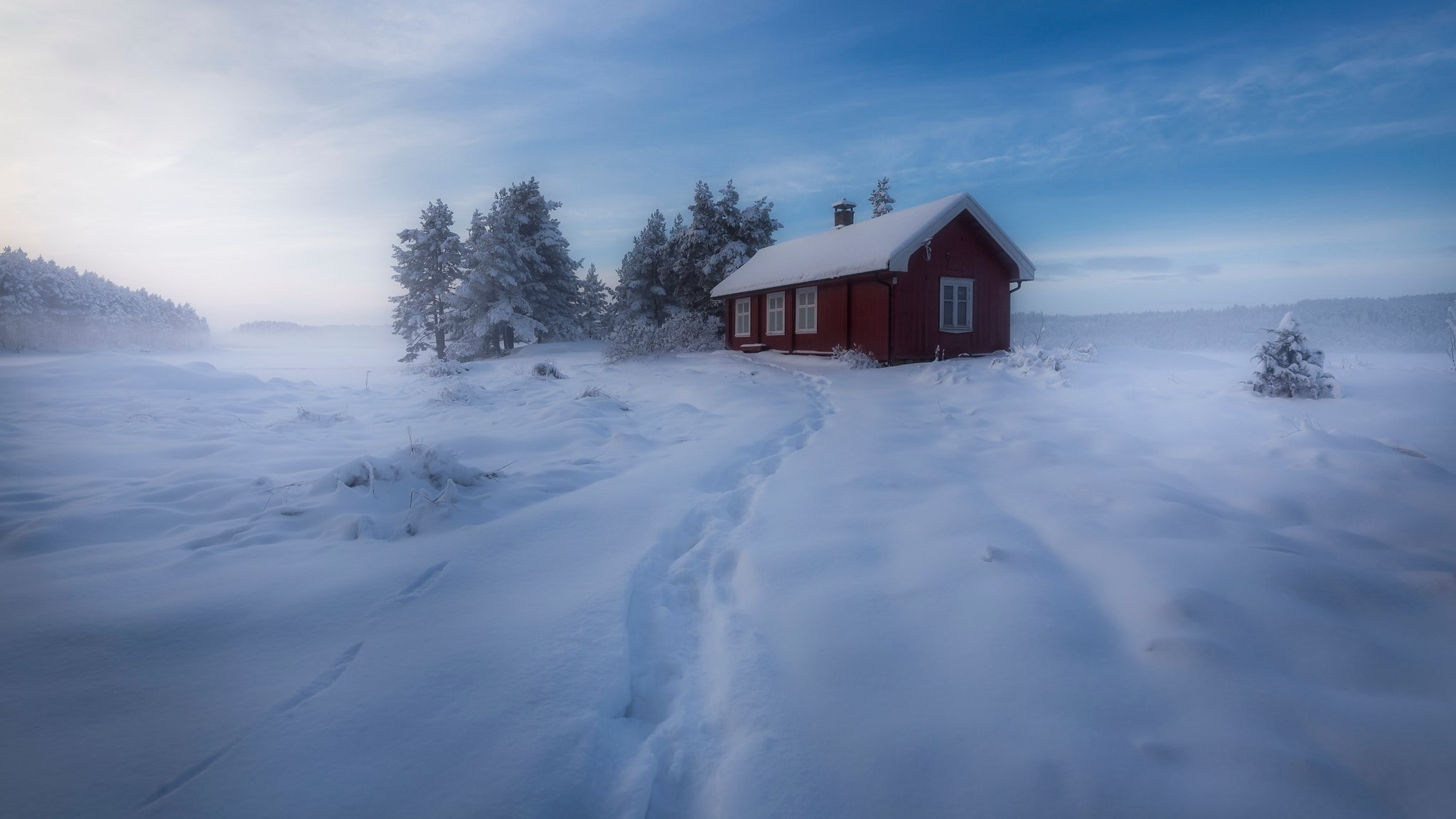 built structure, pc  nature beauty 2048x1152, cold temperature, scenics - nature, beauty in nature, building, building exterior, cottage, outdoors, snow, HD Wallpaper