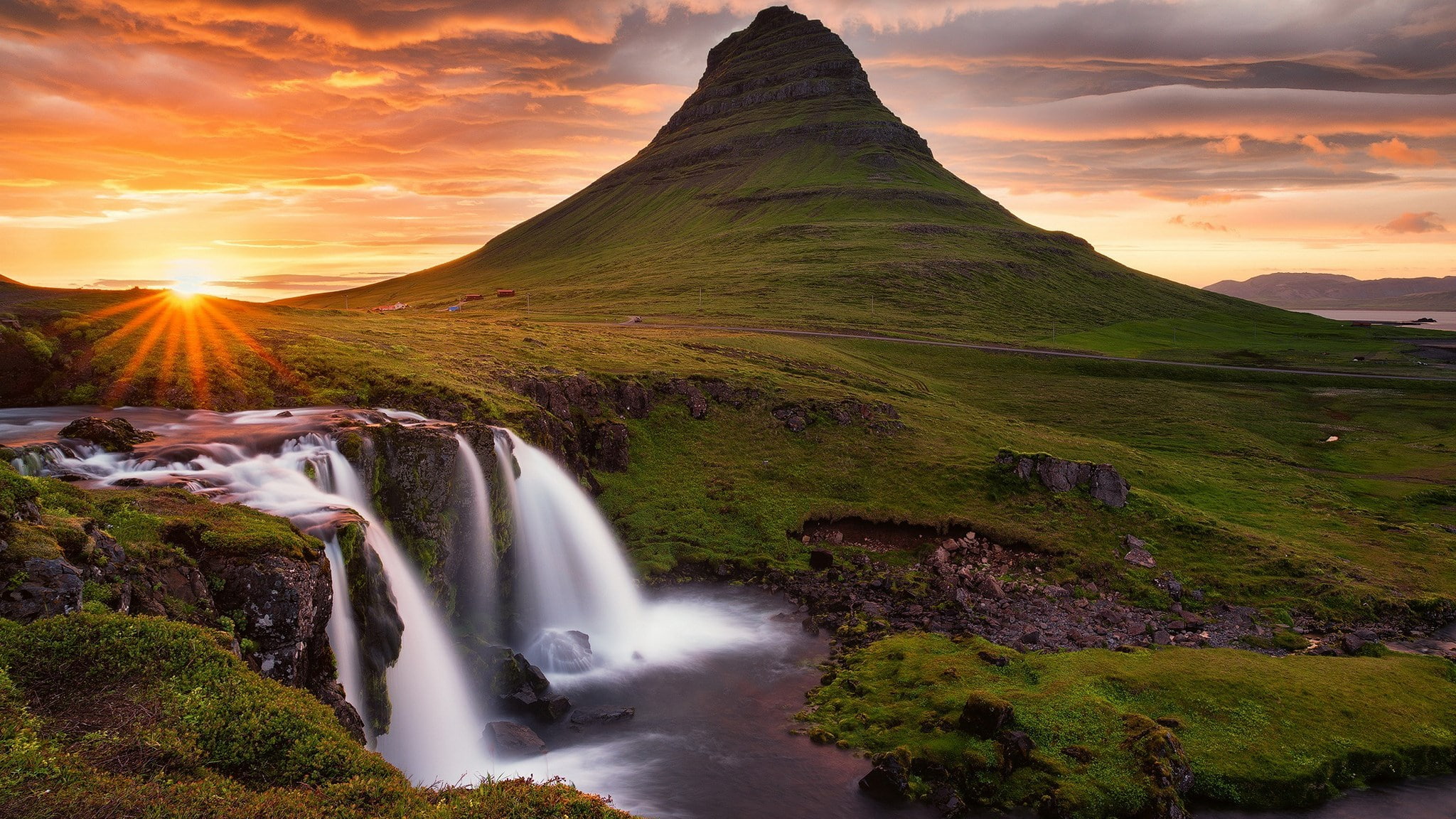 flowing, sky, beauty in nature, nature, tranquil scene, mountain, cloud - sky, plant, idyllic, motion, sunset, tranquility, pc  nature beauty 2048x1152, HD Wallpaper