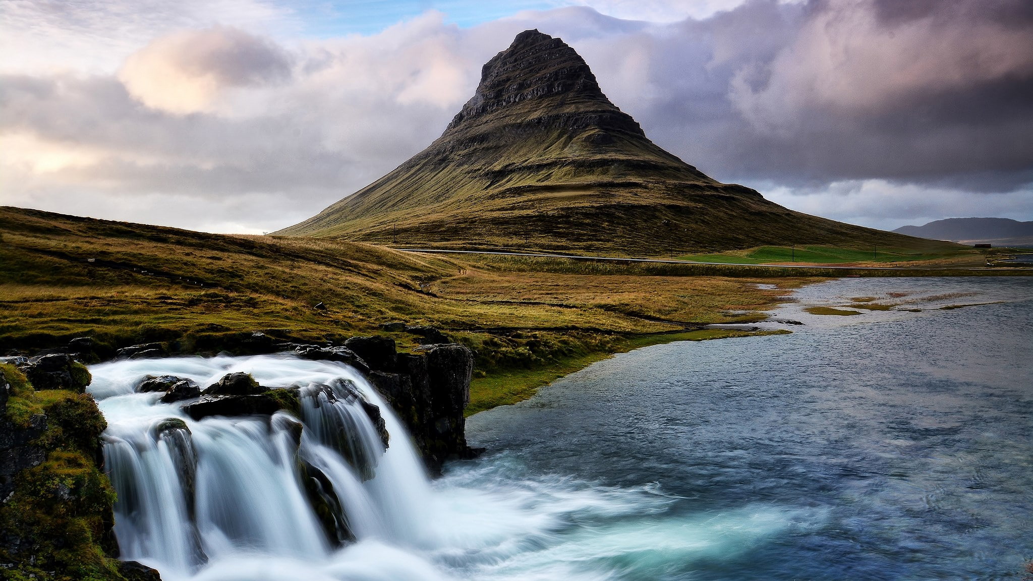 mountain, beauty in nature, waterfall, outdoors, motion, environment, 1080P, flowing water, pc  nature beauty 2048x1152, no people, tranquil scene, nature, HD Wallpaper