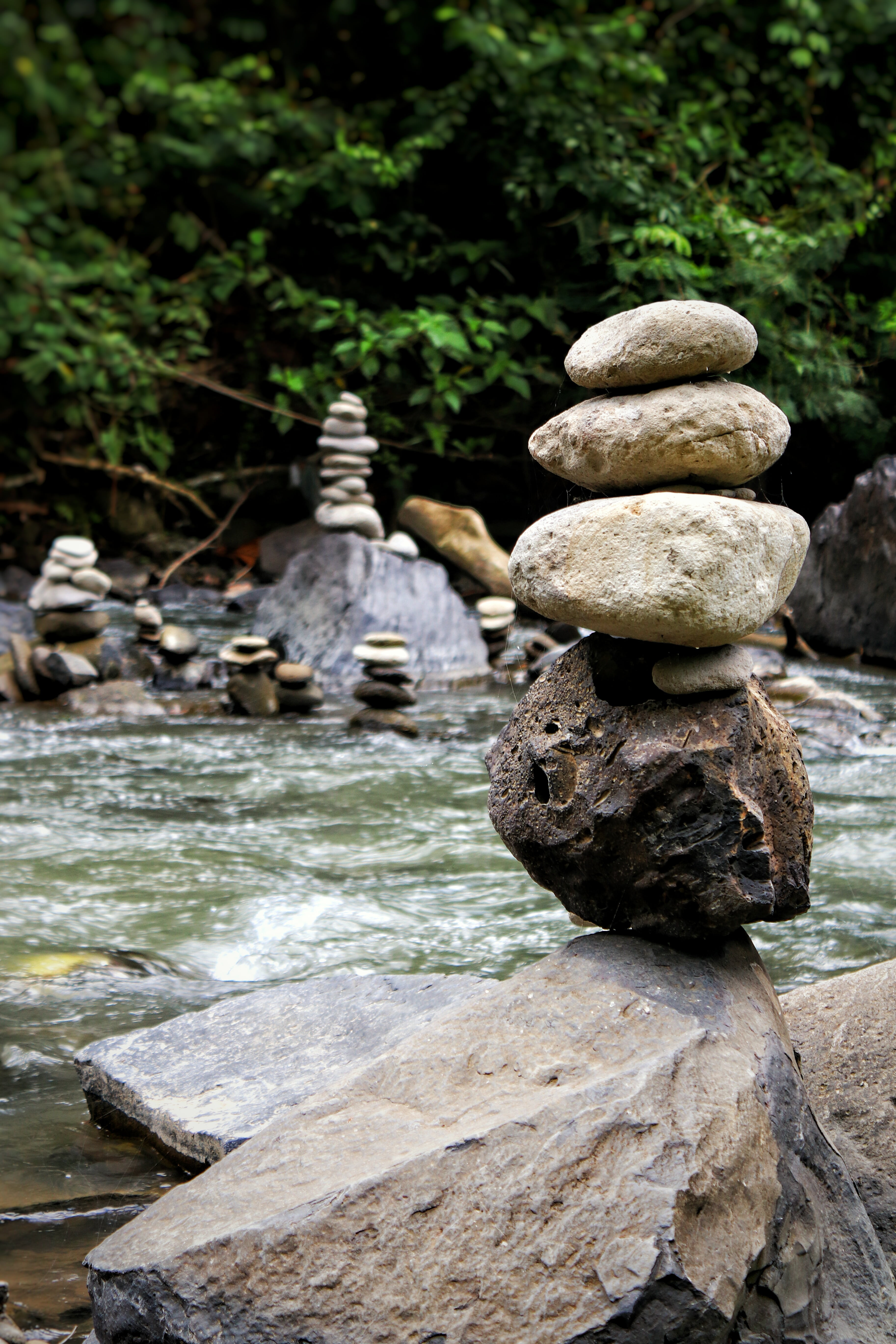 no people, nature, zen-like, outdoors, 5K, focus on foreground, stone - object, pebble, Equilibrium, balance, rock - object, tranquility, day, water, tree, Phone HD Wallpaper