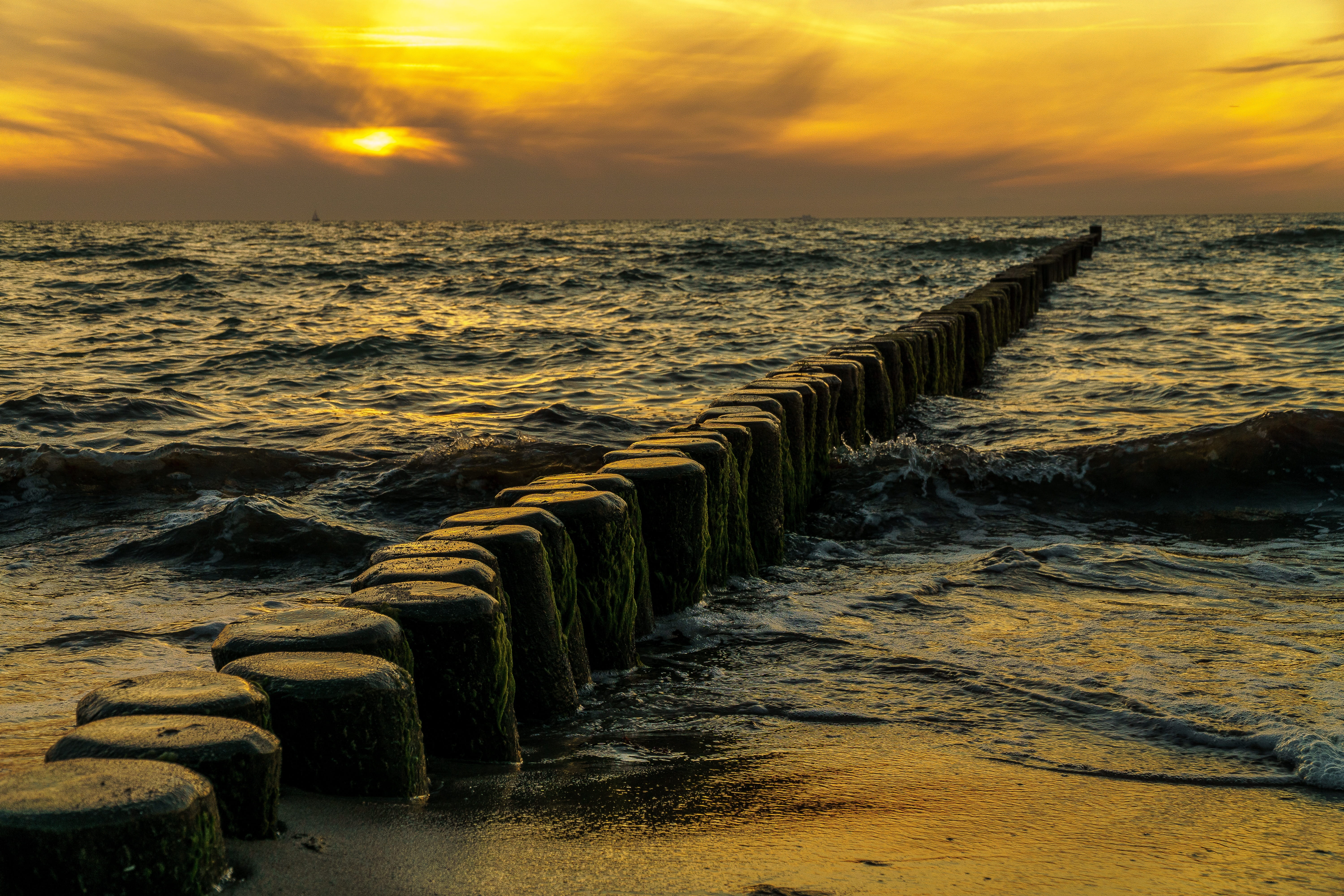 nature, water, groyne, motion, pier, flowing water, Sunset, idyllic, sand, Groynes, dusk, scenics, beach, sea, landscape, twilight, orange color, evening sun, HD Wallpaper