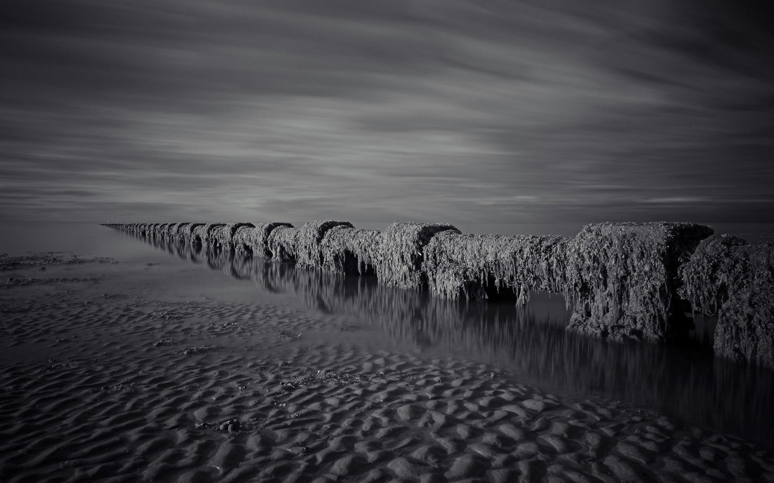 motion, 2K, winter, sea, water, reflection, dirt, cloud - sky, landscape, idyllic, beach, wave, sky, rock - Object, coastline, waters Edge, black And White, HD Wallpaper