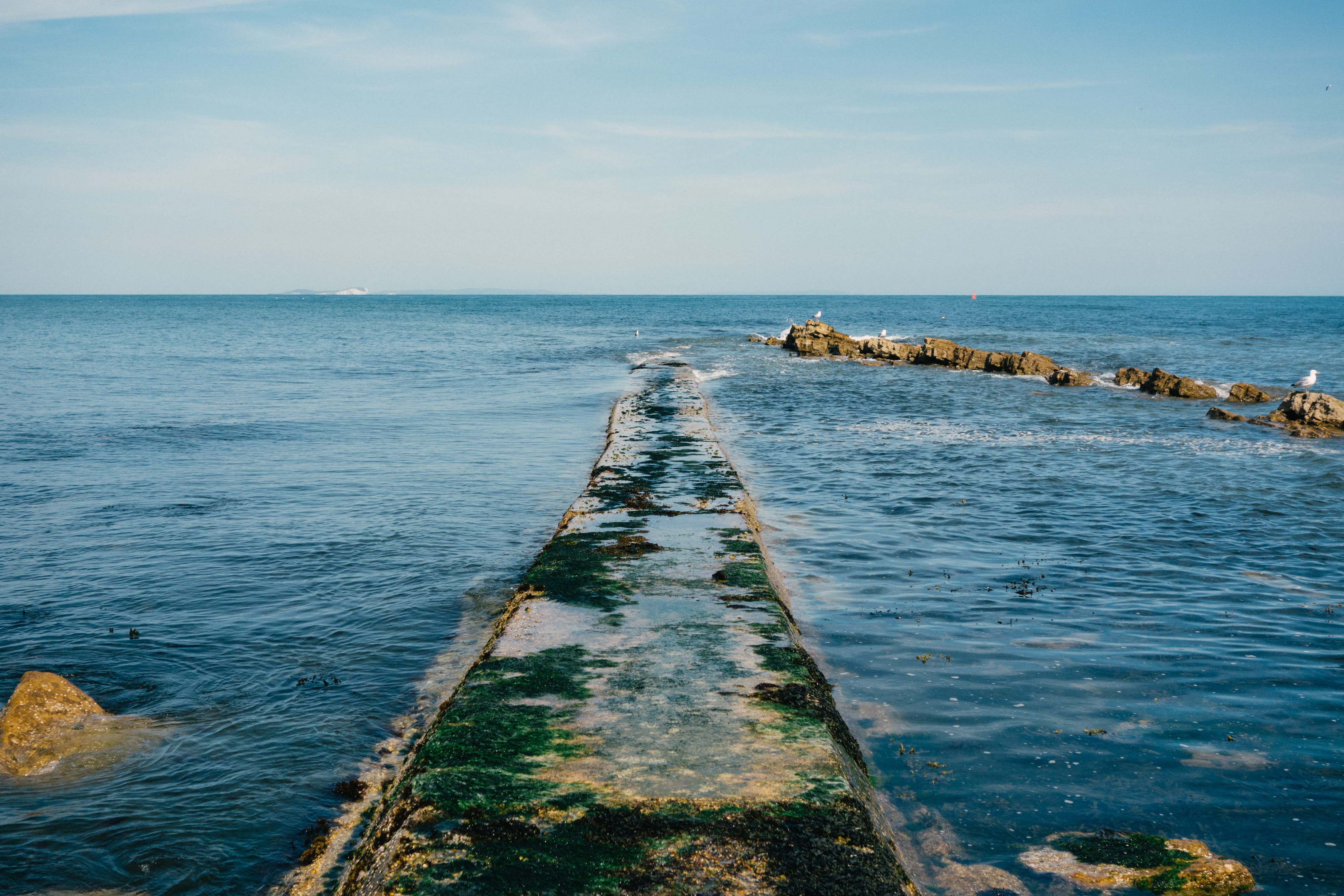 outdoors, beach, tranquil scene, water, sea, nature, land, Old, sky, rock - Object, blue, idyllic, horizon, scenics - nature, landscape, groyne, pier, day, HD Wallpaper