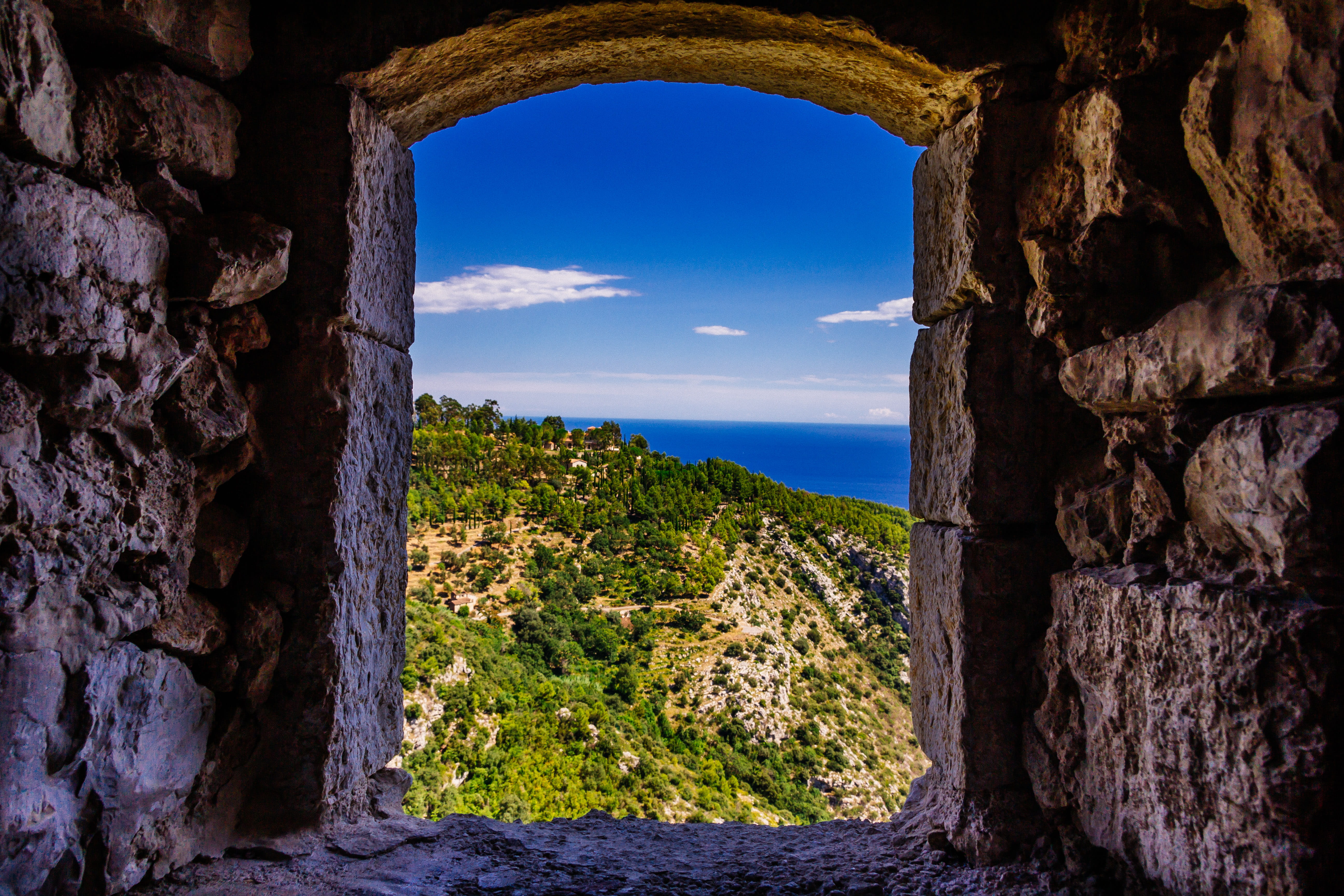 no people, water, trees, solid, rock, castle, cloud - sky, history, èze, eze village, view, sea, tranquil scene, land, landscape, rock - object, france, HD Wallpaper