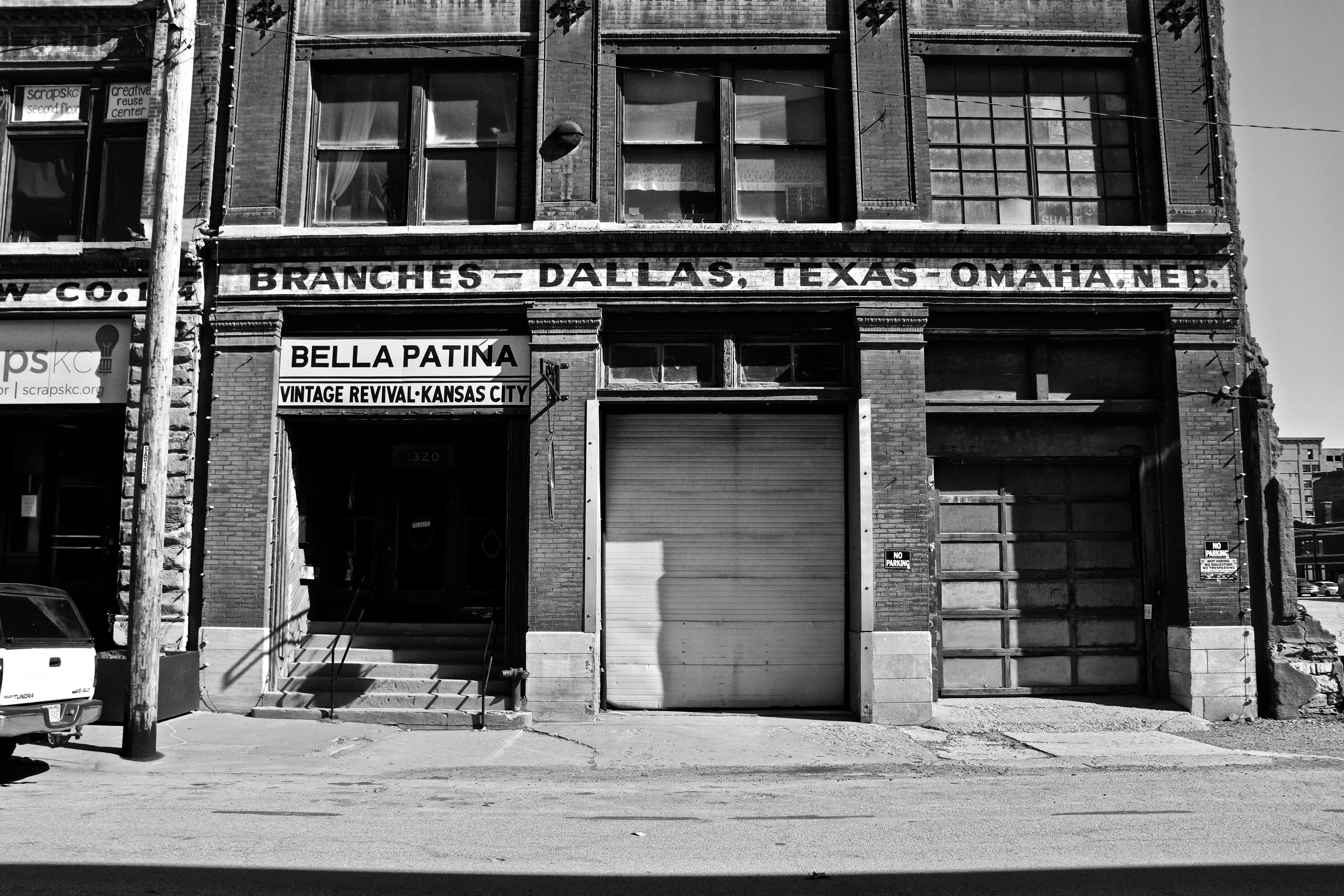 no people, architectural column, entrance, facade, omaha, western script, vintage, 5K, history, city, day, architecture, screengrab, street, door, black and white, HD Wallpaper