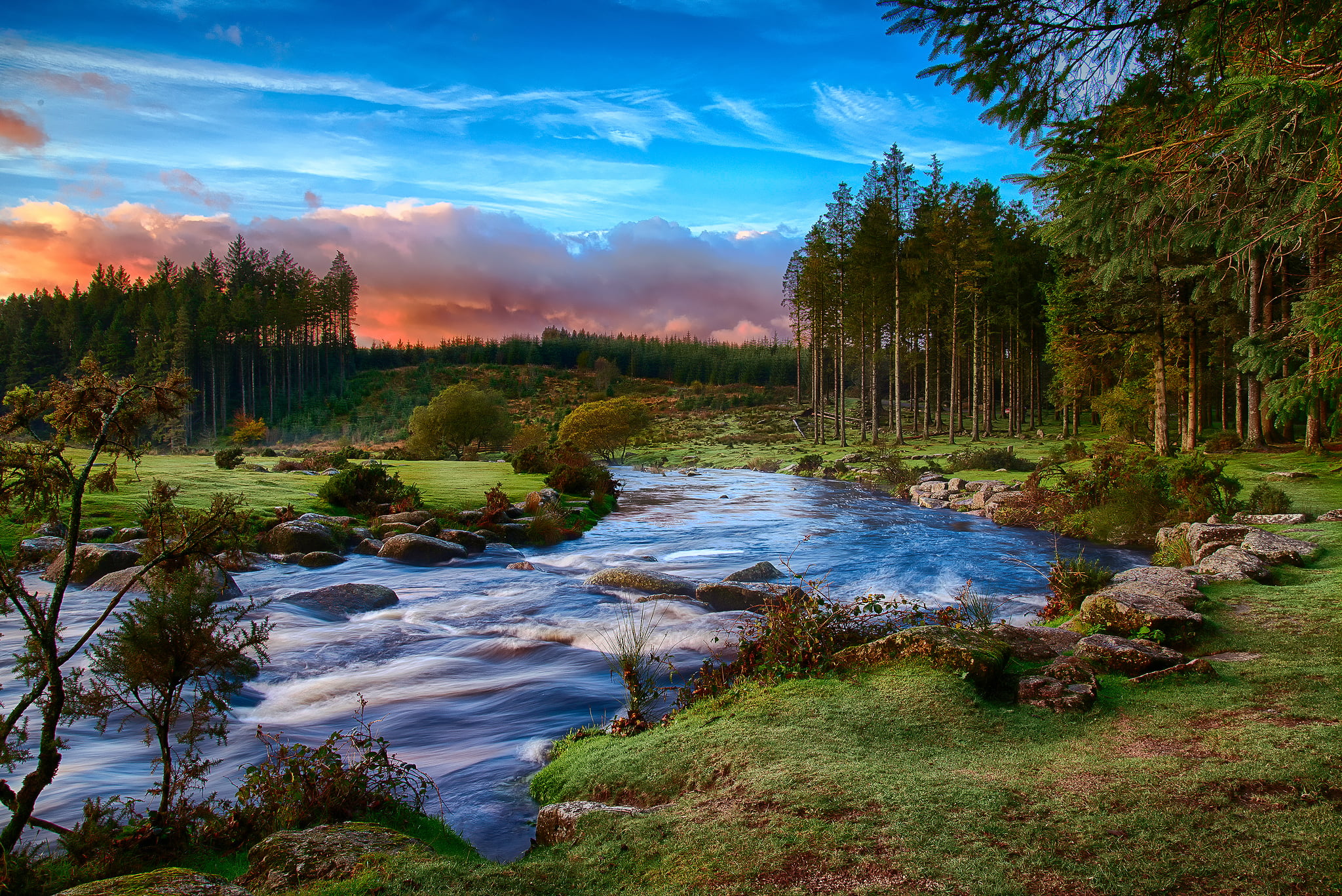beauty in nature, morning, tranquility, stream - flowing water, nature, South West England, river, flowing water, tree, 1080P, tranquil scene, sky, solid, HD Wallpaper